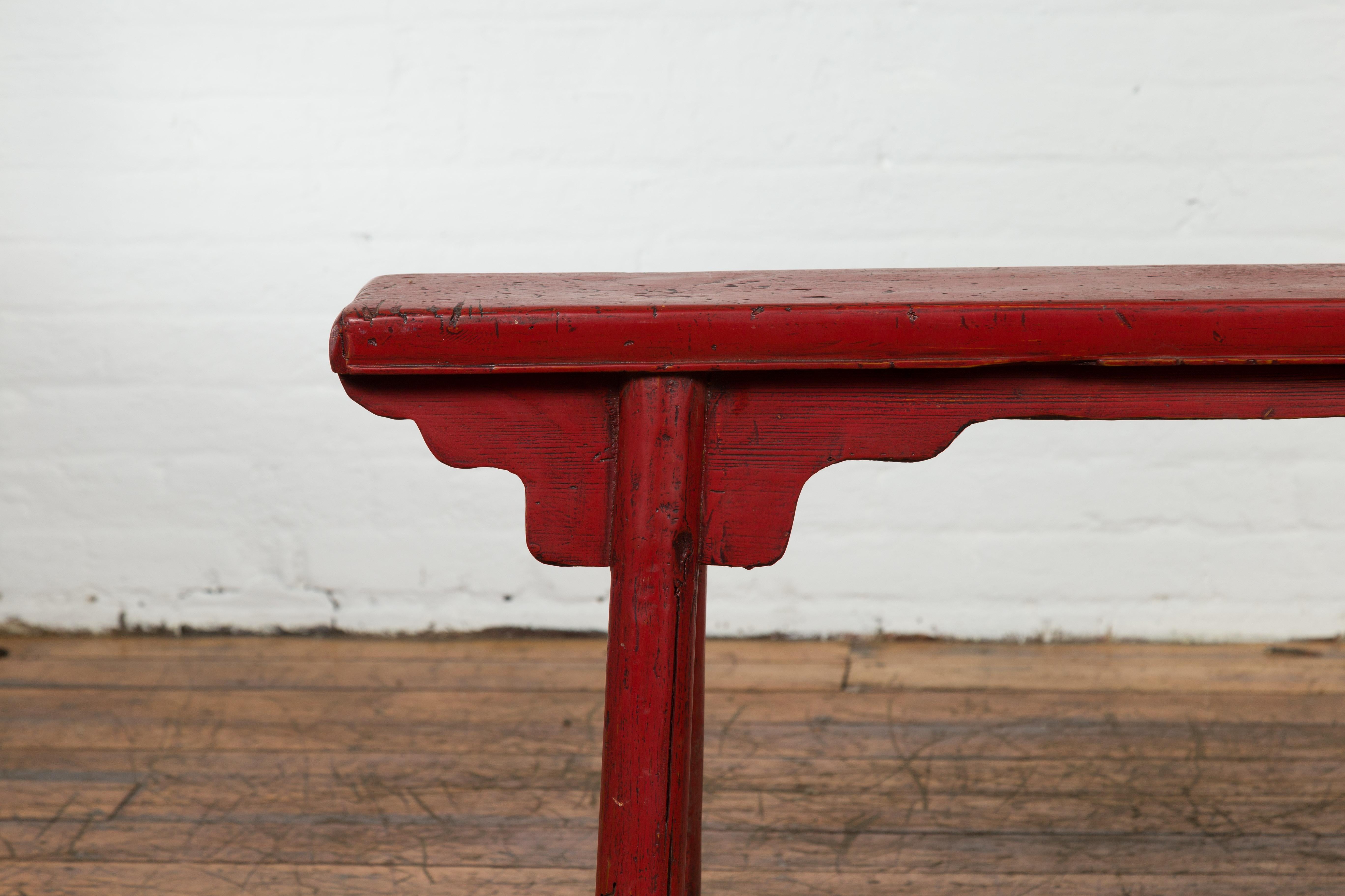 Chinese Red Lacquered Vintage Bench with A-Form Base For Sale