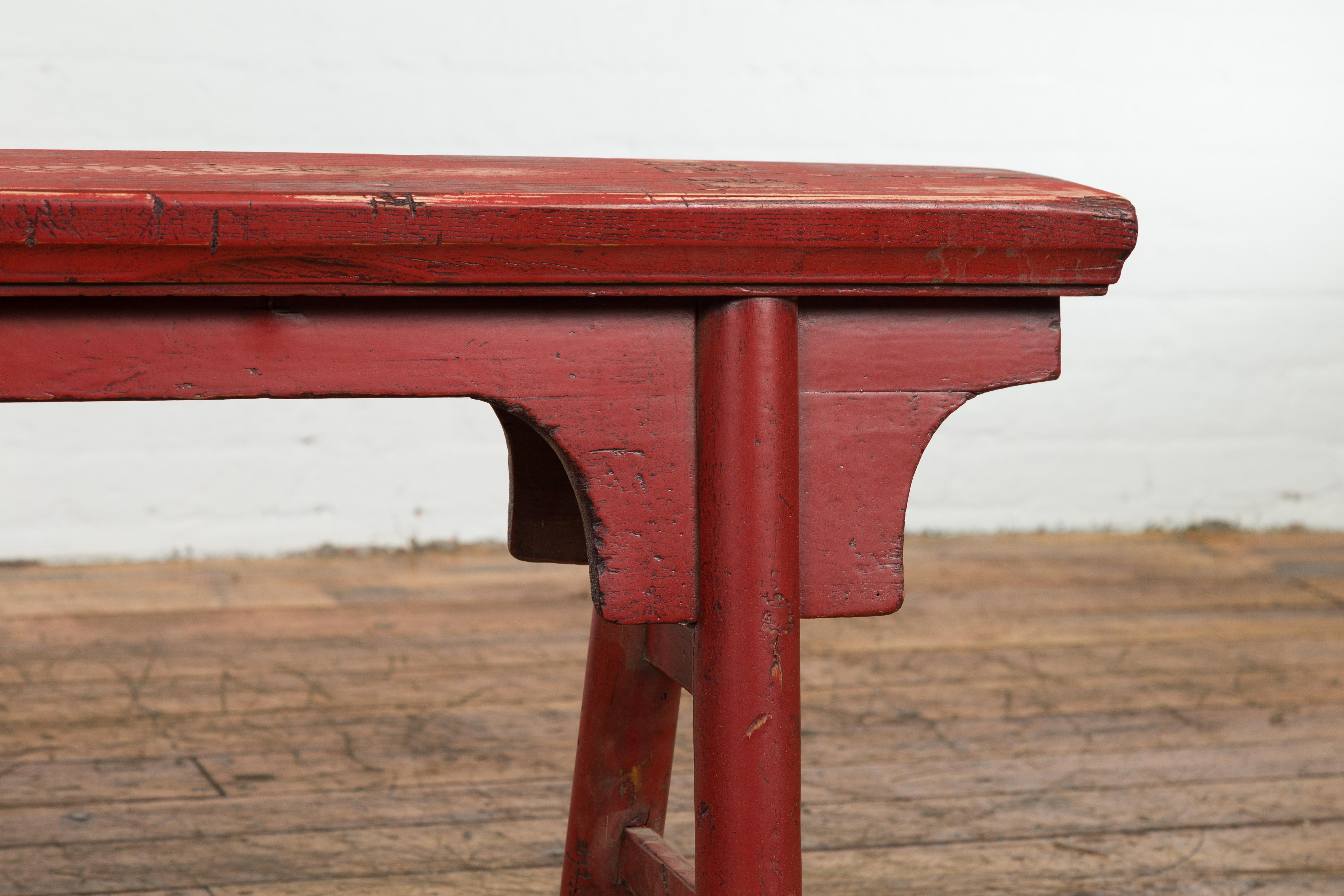 Carved Distressed Red Lacquered Chinese Vintage Ming Style Bench with A-Form Base For Sale