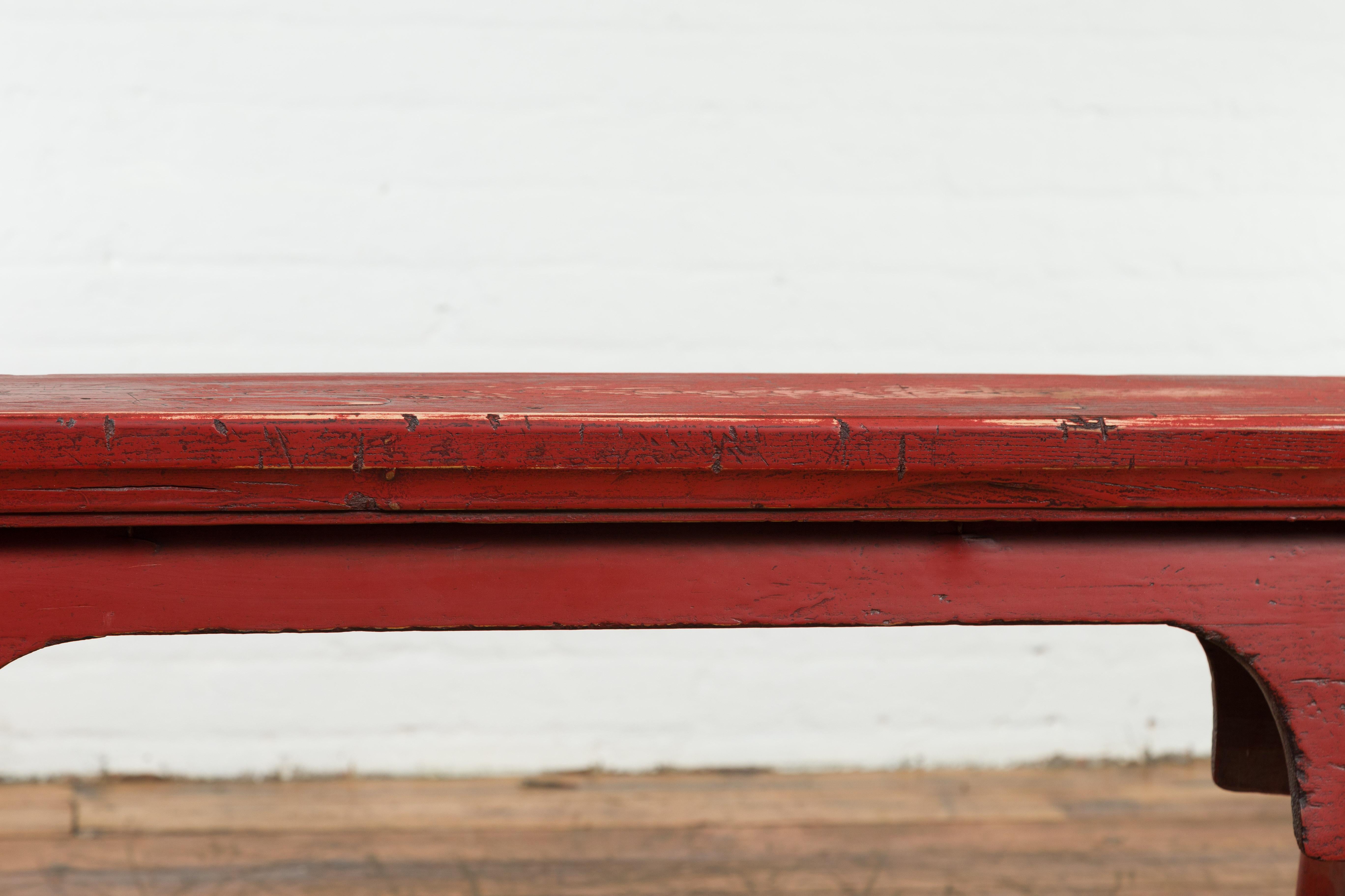 20th Century Distressed Red Lacquered Chinese Vintage Ming Style Bench with A-Form Base For Sale