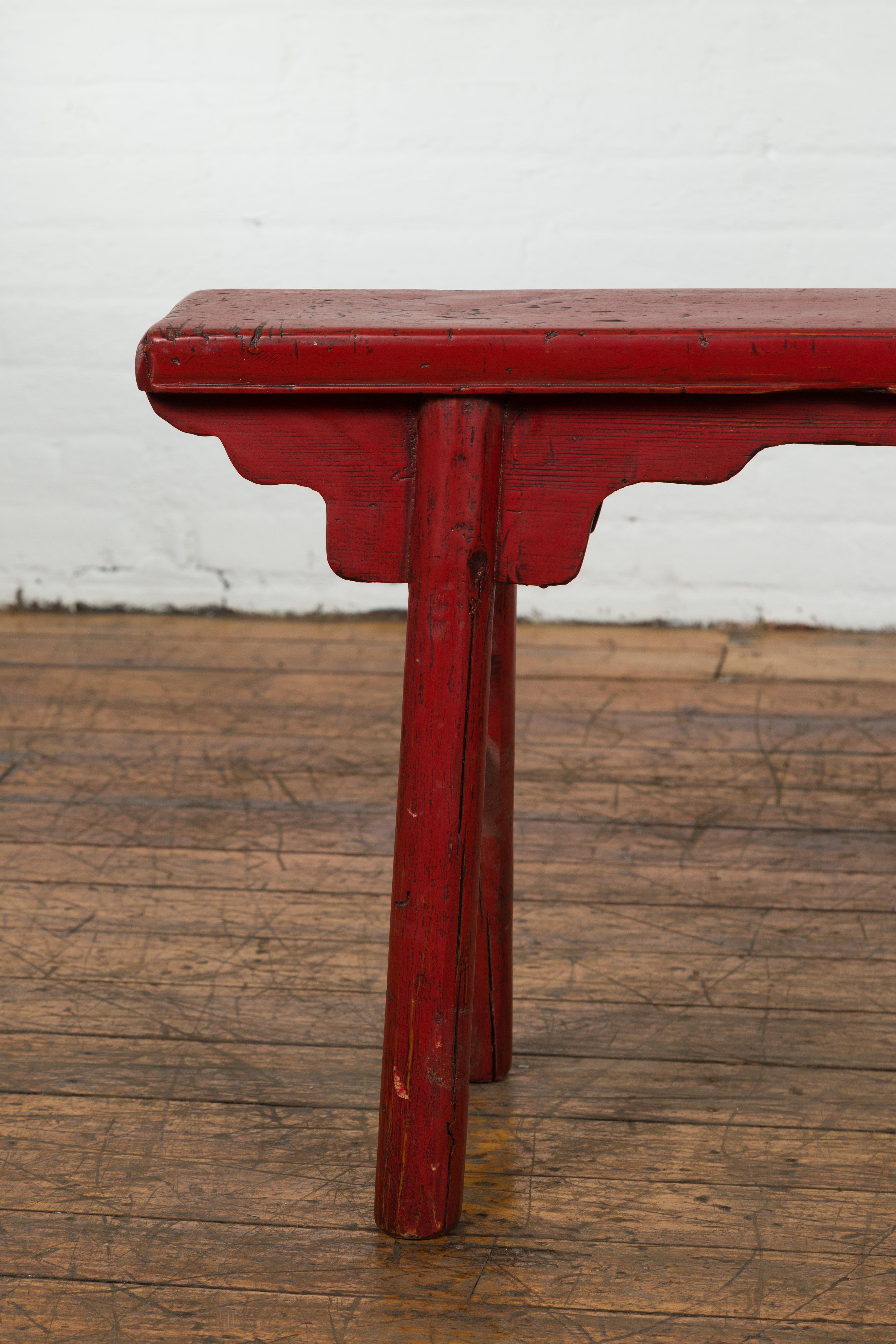Red Lacquered Vintage Bench with A-Form Base In Good Condition For Sale In Yonkers, NY