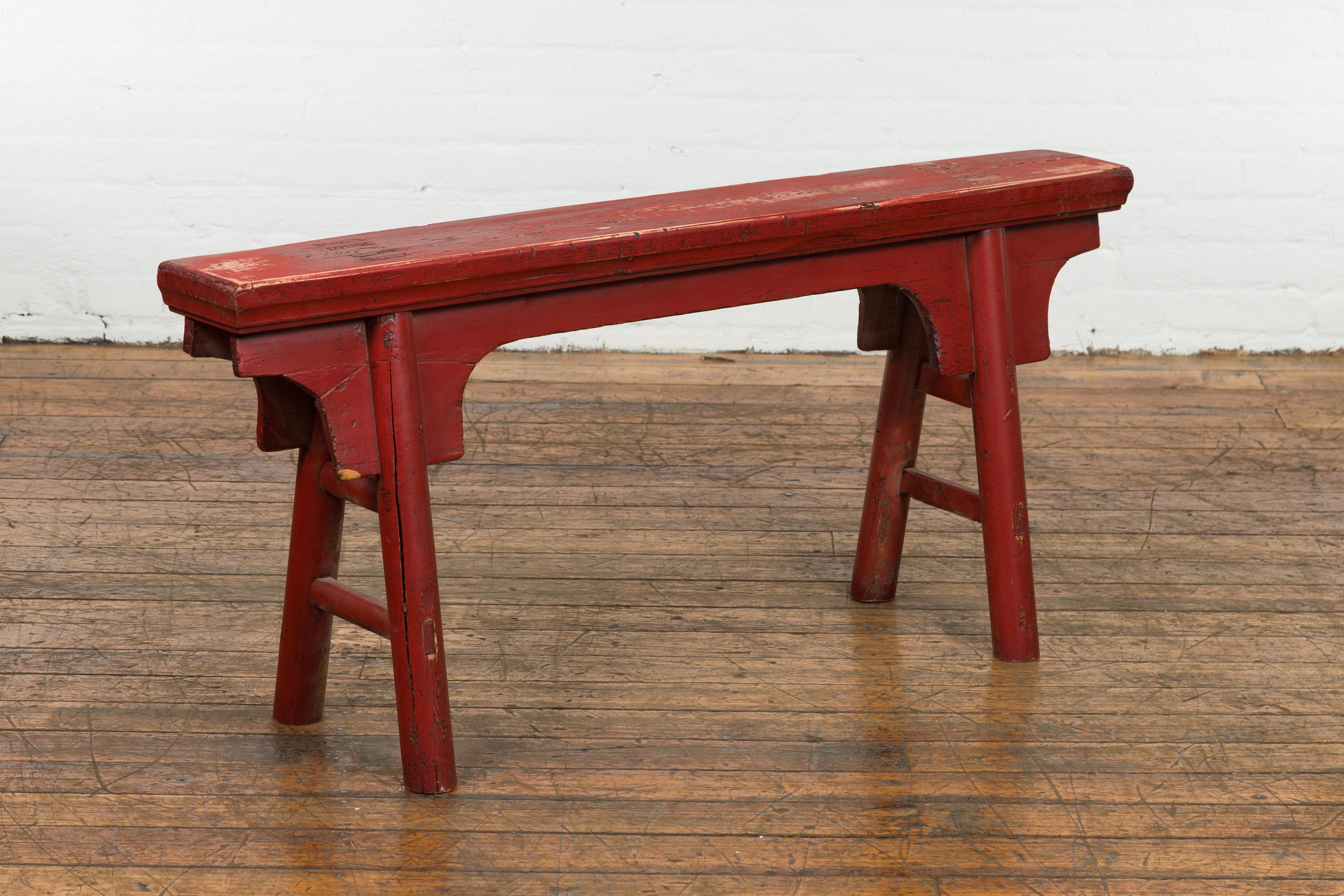 Wood Distressed Red Lacquered Chinese Vintage Ming Style Bench with A-Form Base For Sale