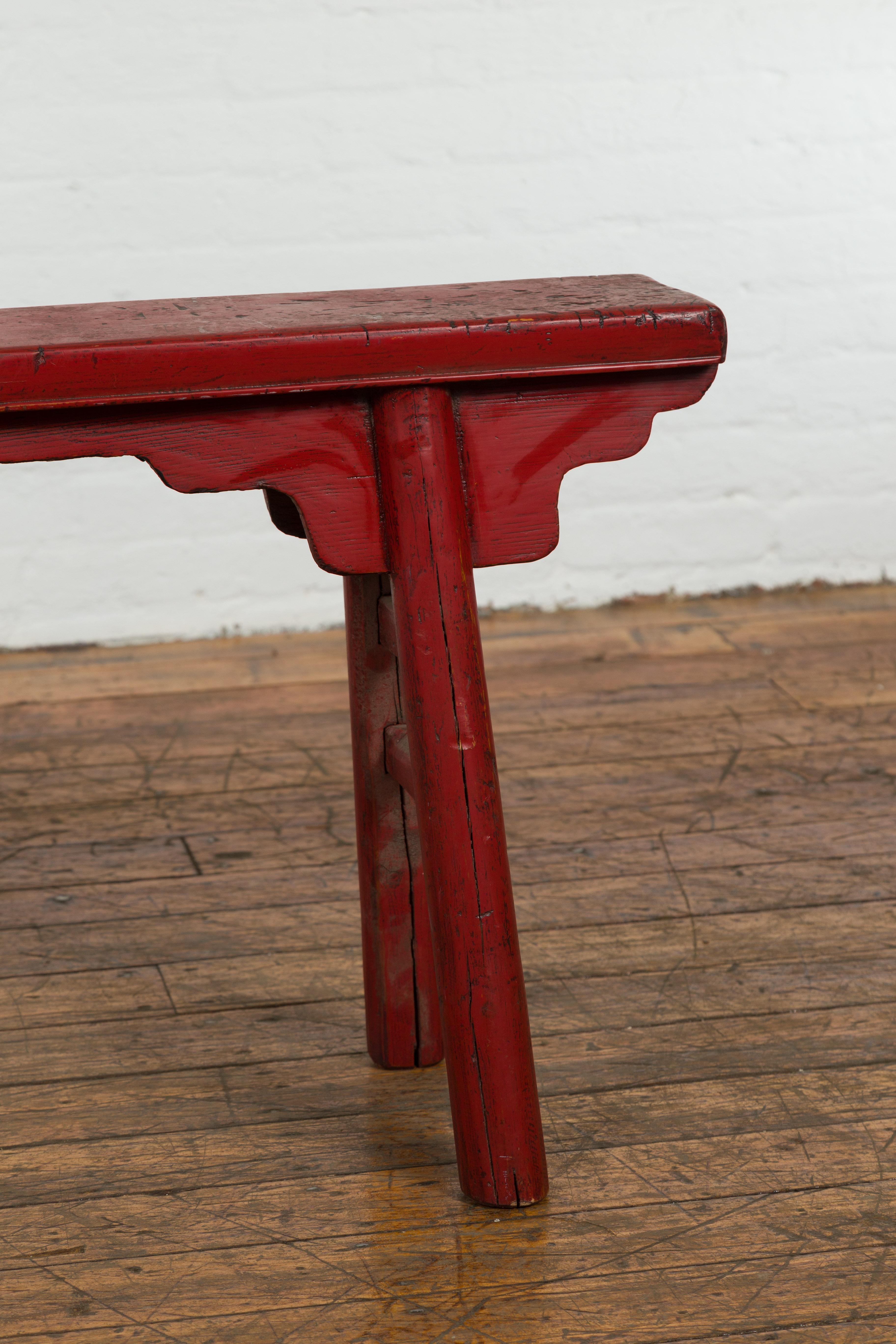 20th Century Red Lacquered Vintage Bench with A-Form Base For Sale