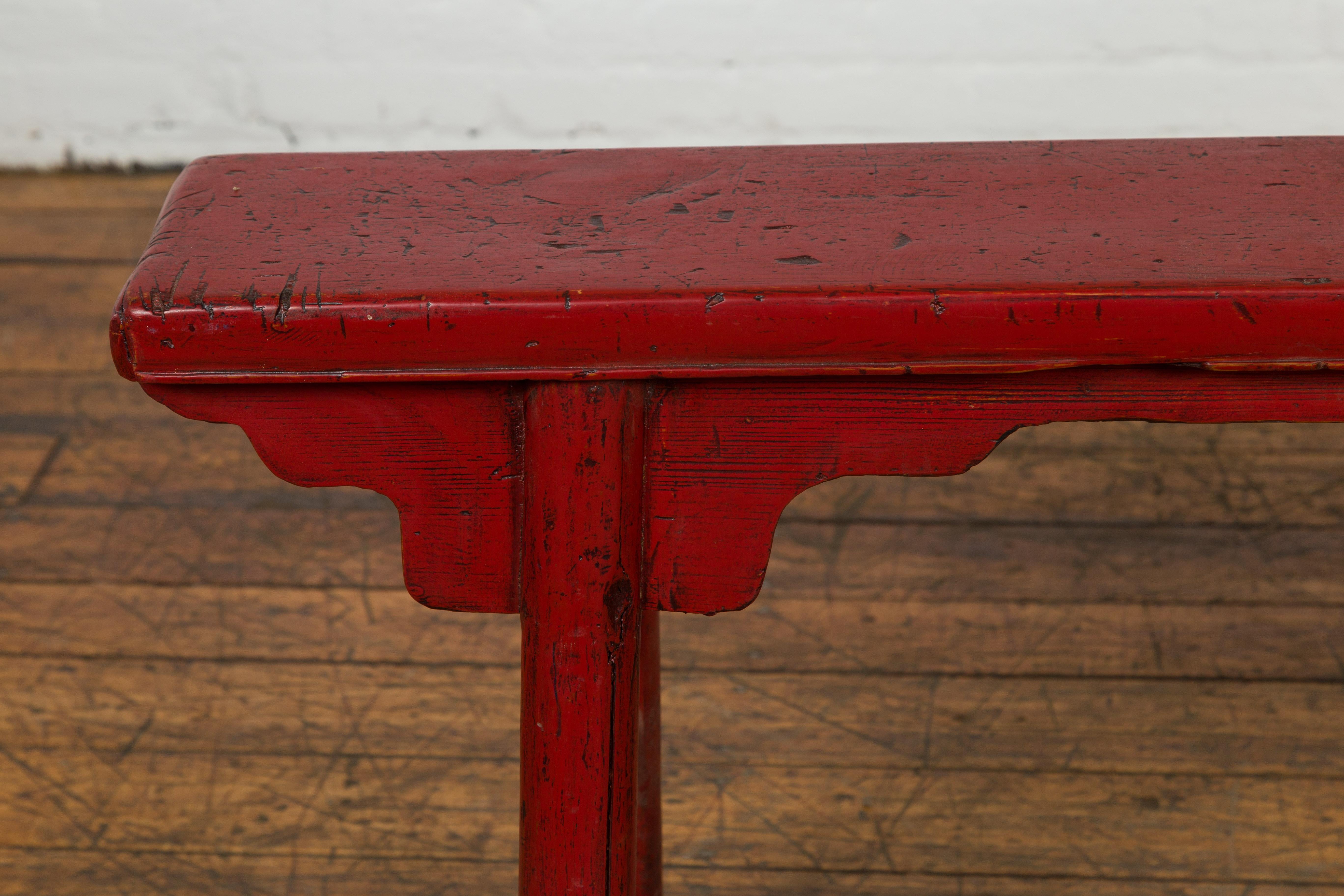 Wood Red Lacquered Vintage Bench with A-Form Base For Sale