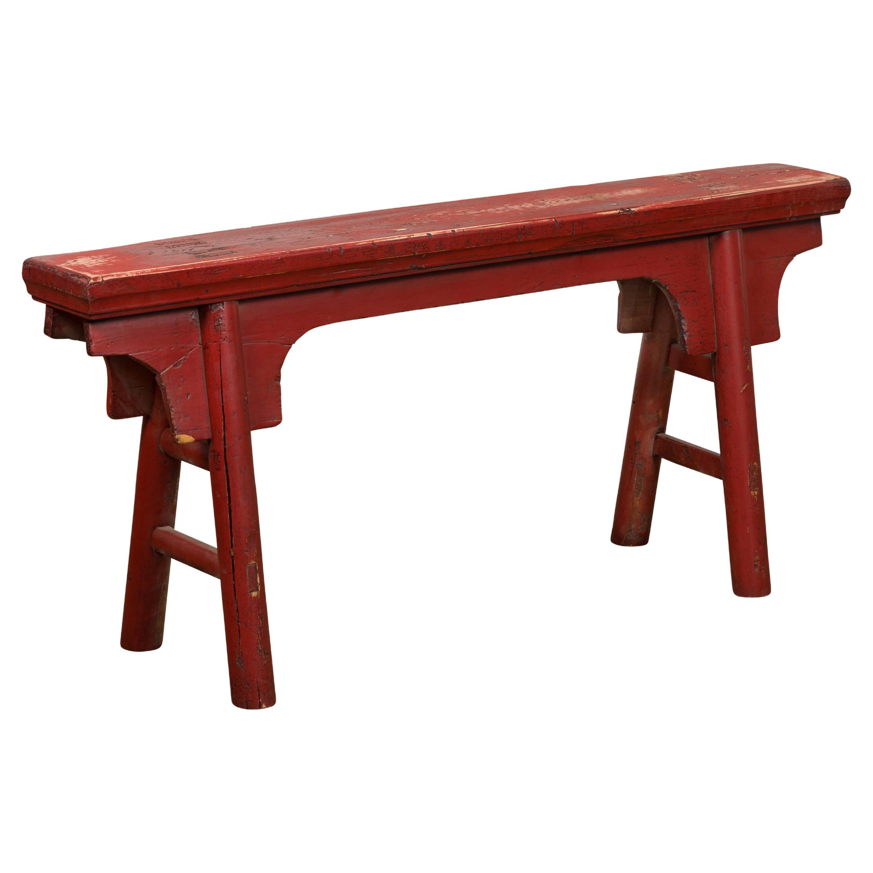 Distressed Red Lacquered Chinese Vintage Ming Style Bench with A-Form Base For Sale