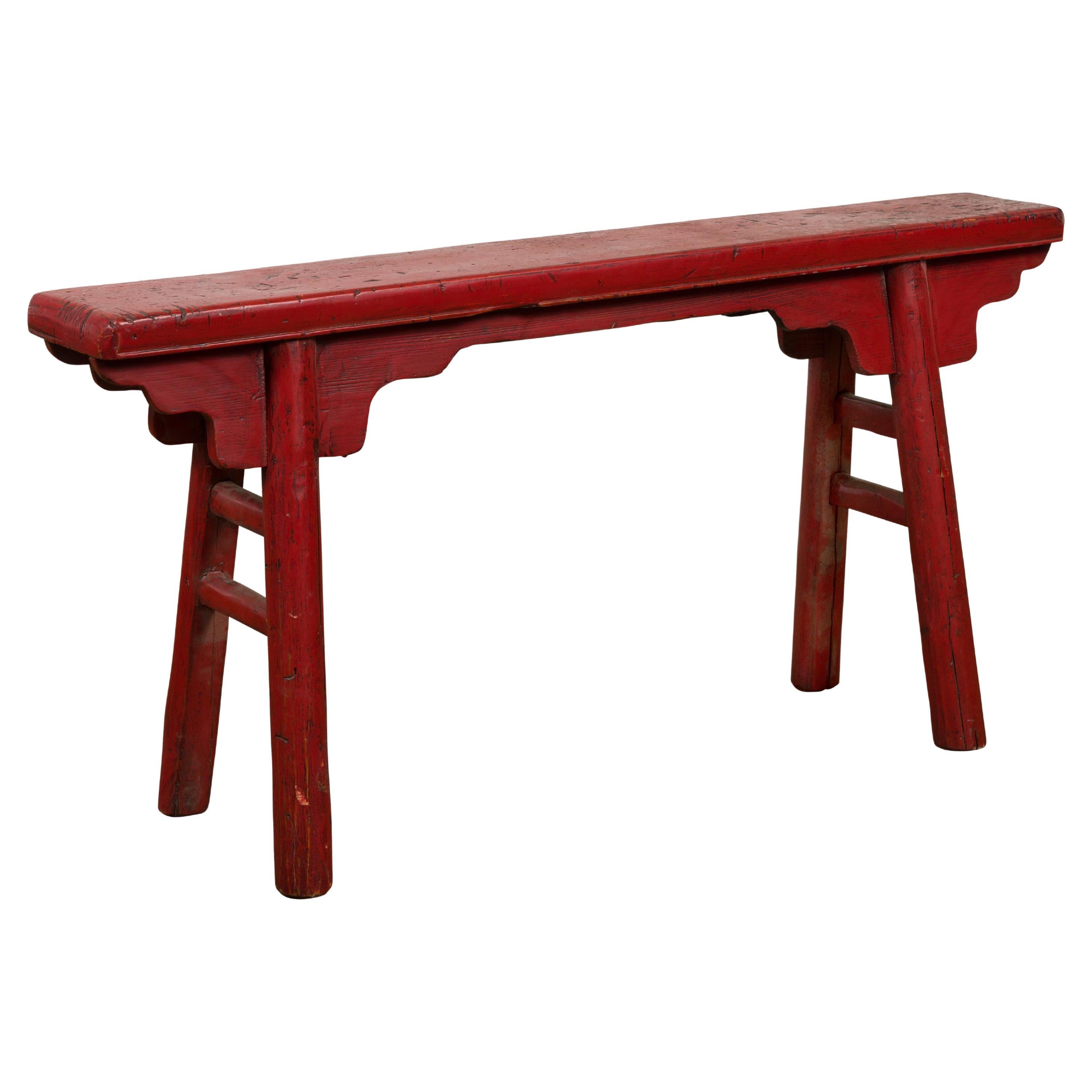 Red Lacquered Vintage Bench with A-Form Base For Sale