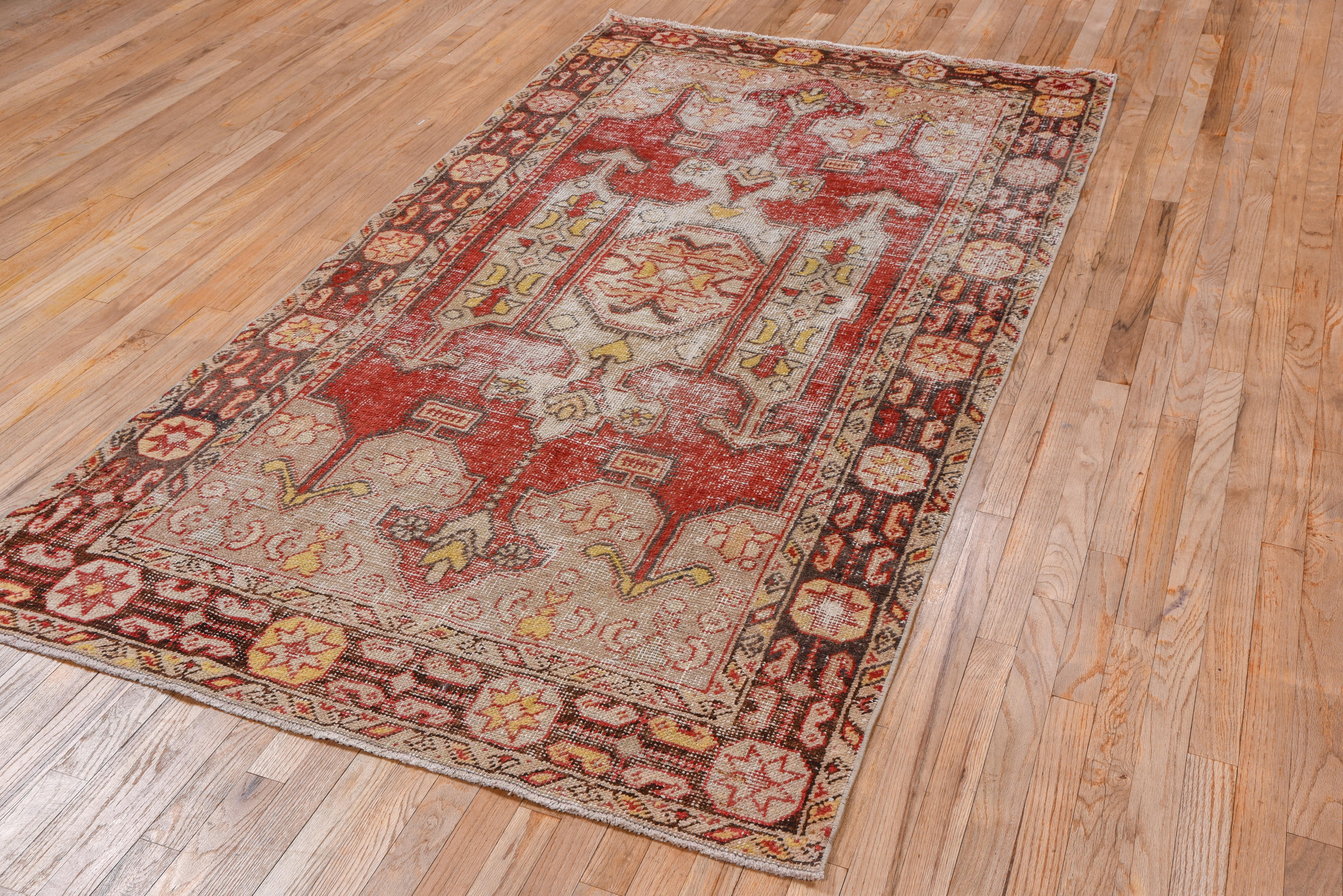 Turkish Distressed Red Oushak Rug, Red Field, Taupe Outer Field For Sale