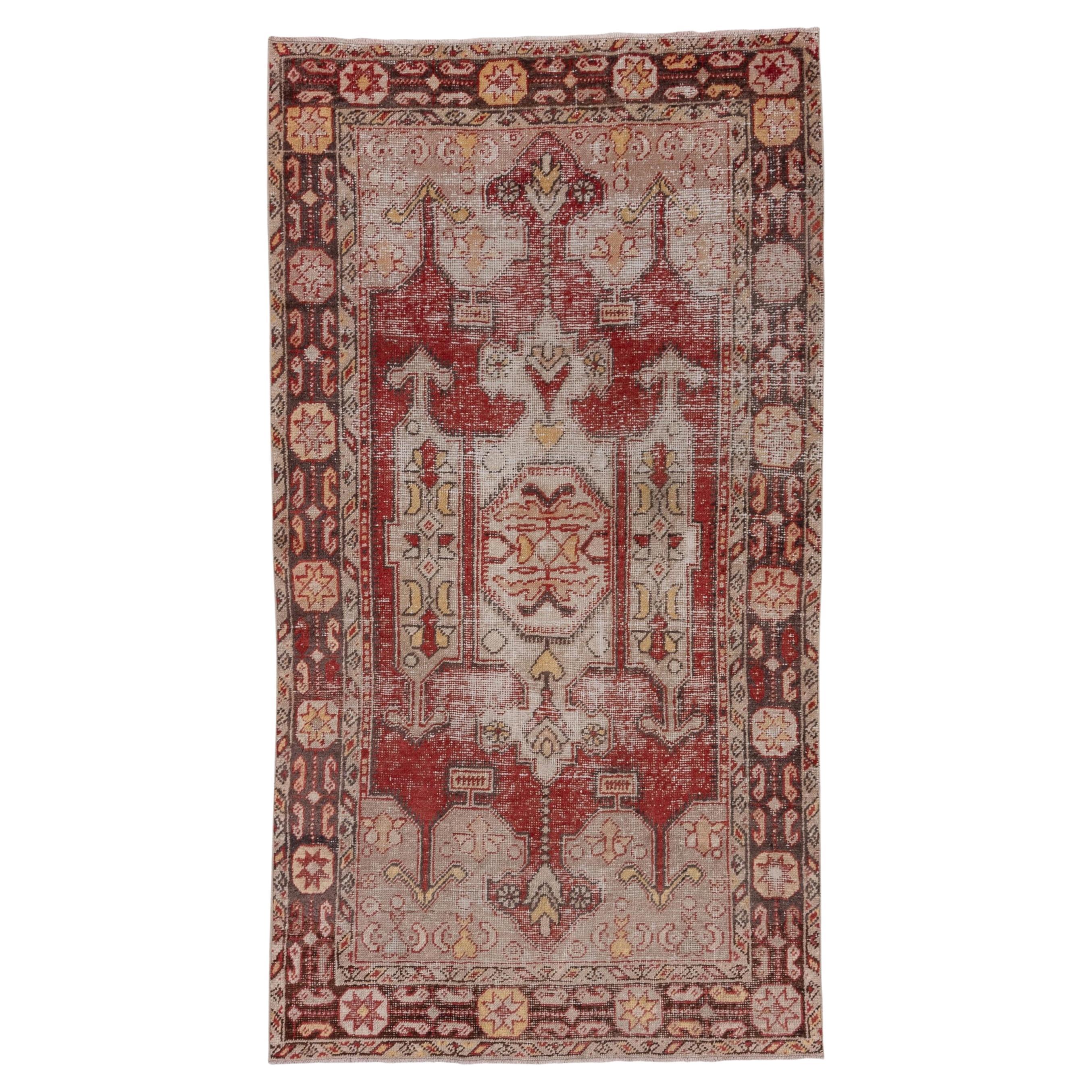 Distressed Red Oushak Rug, Red Field, Taupe Outer Field For Sale