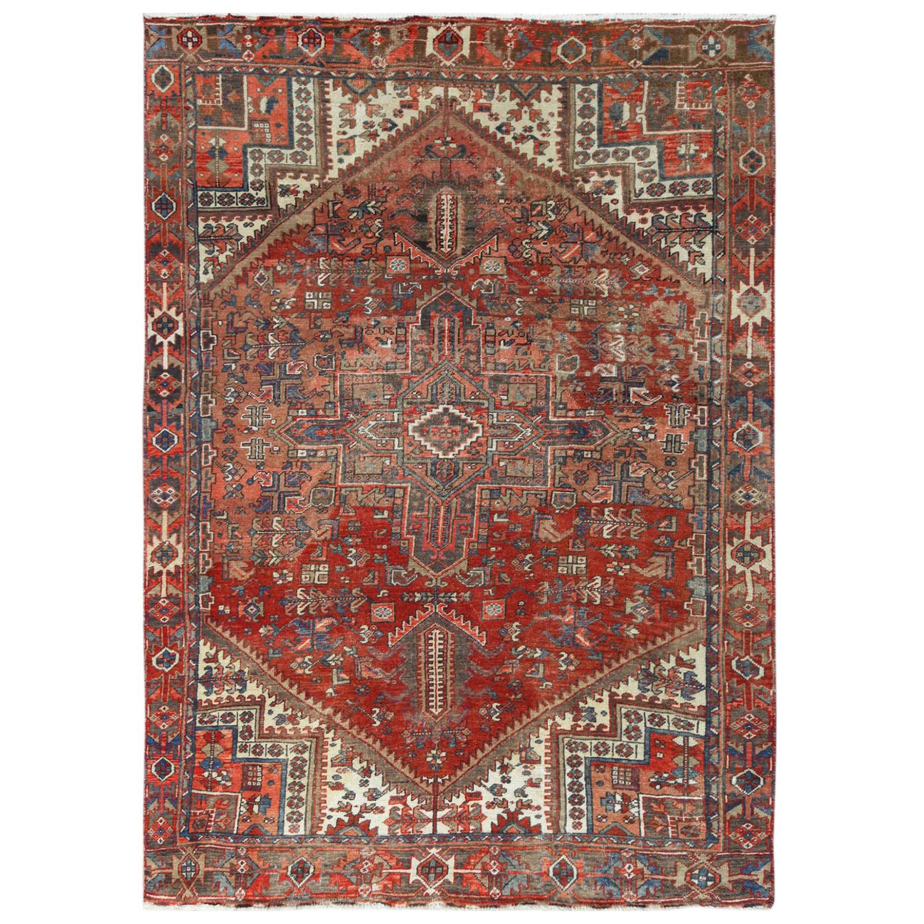 Distressed Red Persian Heriz Old Natural Wool Abrash Hand Knotted Rug