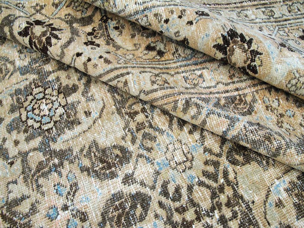 Distressed Room Size Handmade Persian Carpet in Charcoal Brown, Nude, and Blue 1