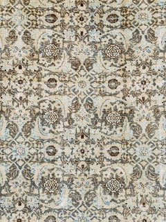 Distressed Room Size Handmade Persian Carpet in Charcoal Brown, Nude, and Blue