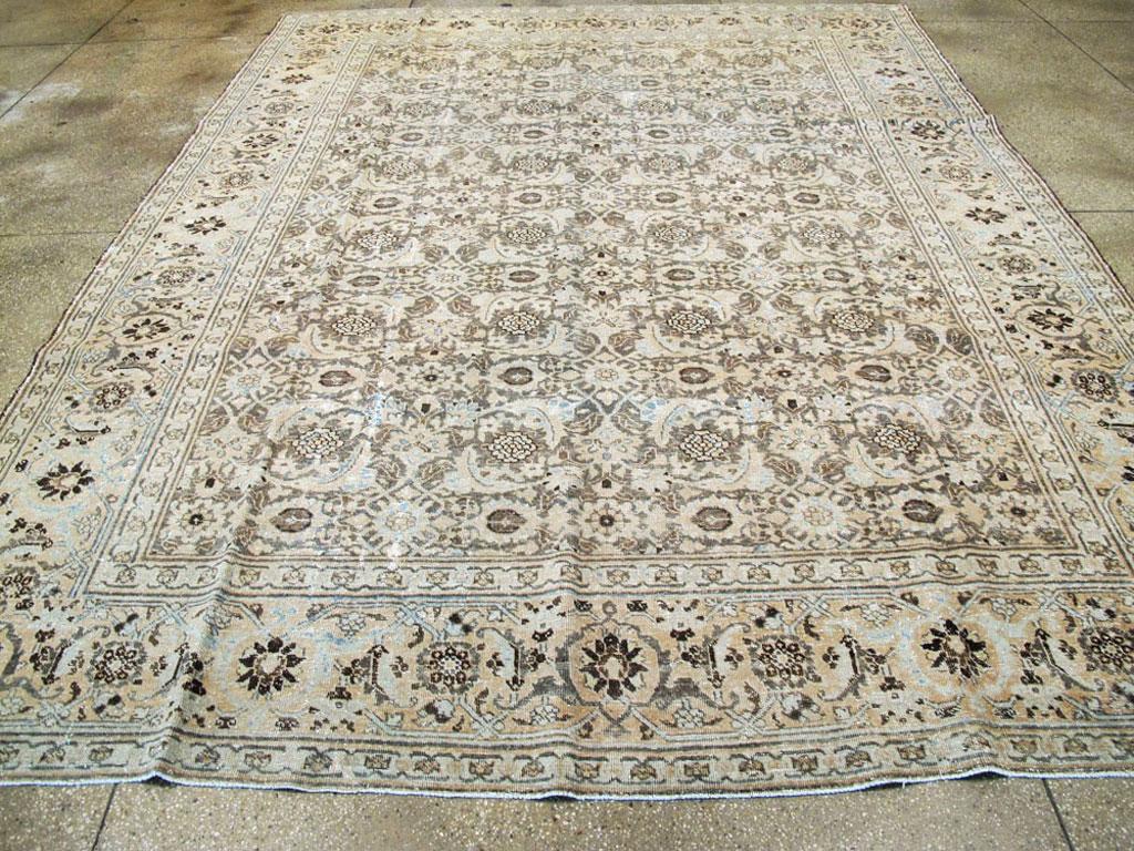Modern Distressed Room Size Handmade Persian Carpet in Charcoal Brown, Nude, and Blue