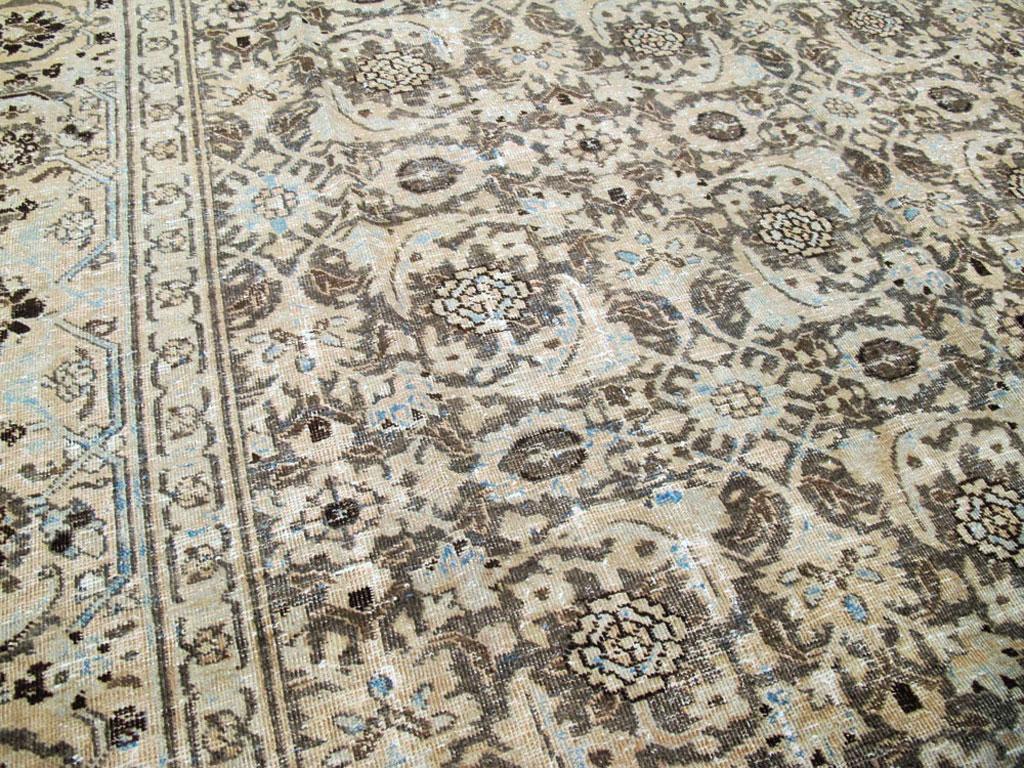 Hand-Knotted Distressed Room Size Handmade Persian Carpet in Charcoal Brown, Nude, and Blue
