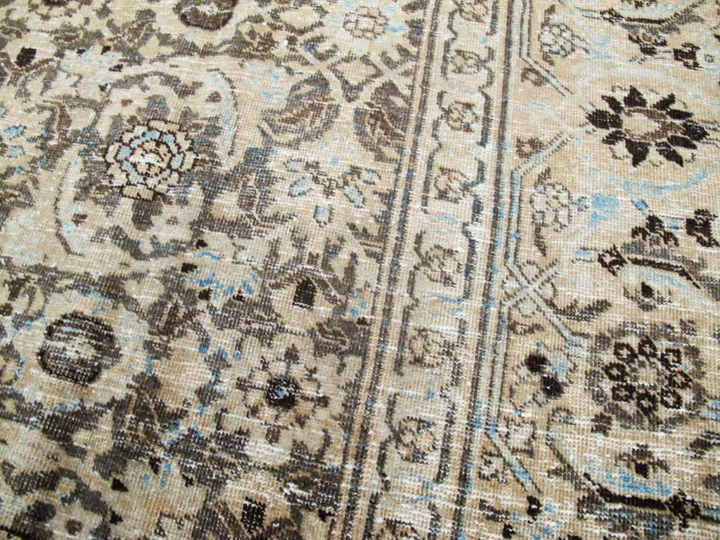 Distressed Room Size Handmade Persian Carpet in Charcoal Brown, Nude, and Blue In Distressed Condition In New York, NY