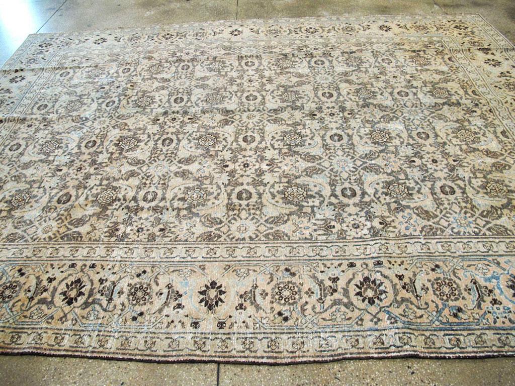 20th Century Distressed Room Size Handmade Persian Carpet in Charcoal Brown, Nude, and Blue
