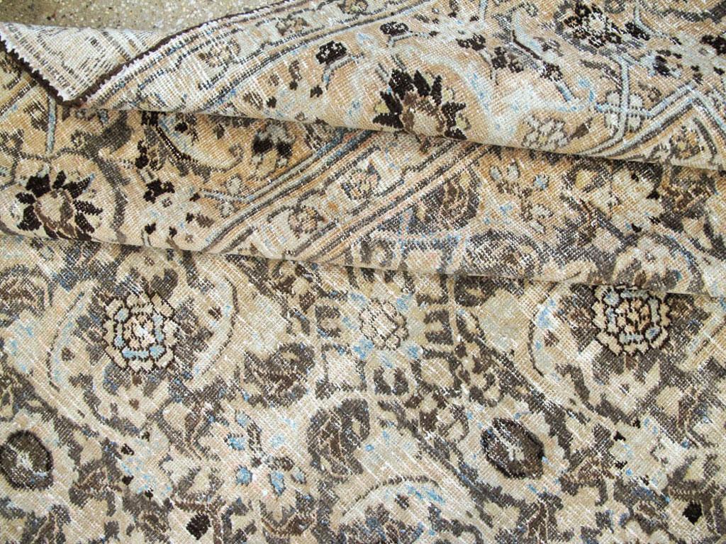 Wool Distressed Room Size Handmade Persian Carpet in Charcoal Brown, Nude, and Blue