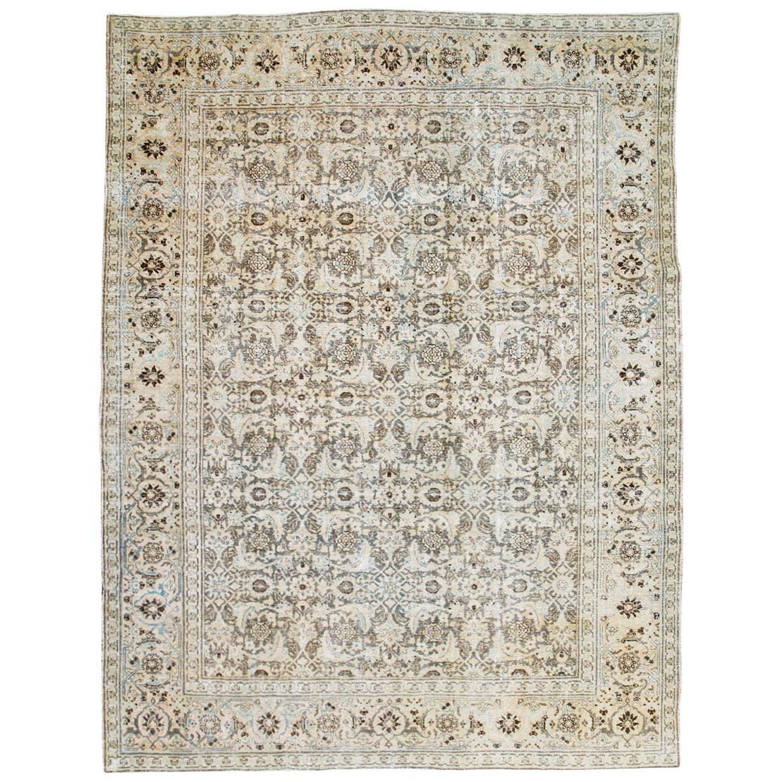 Distressed Room Size Handmade Persian Carpet in Charcoal Brown, Nude, and Blue