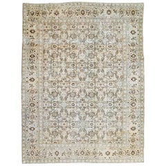 Vintage Distressed Room Size Handmade Persian Carpet in Charcoal Brown, Nude, and Blue