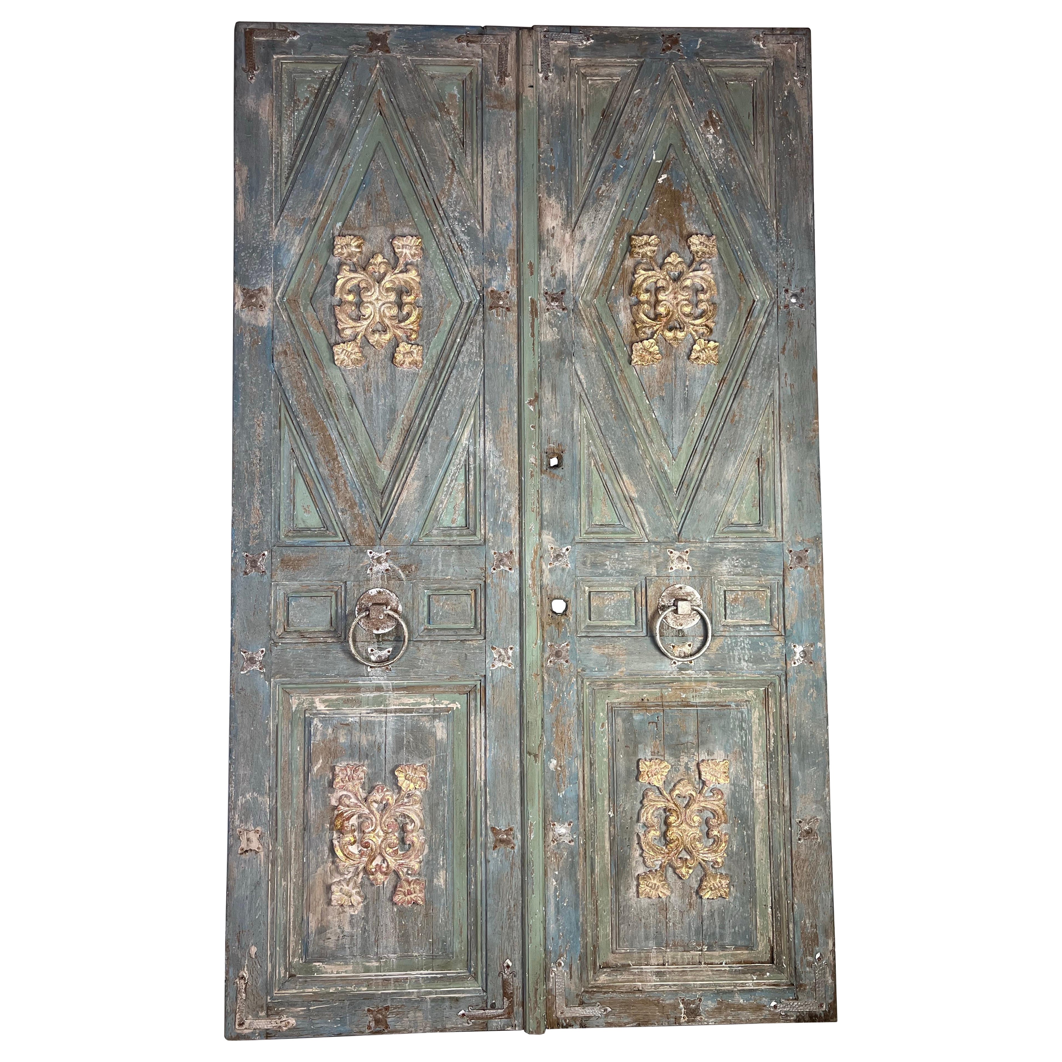 Distressed Rustic Double Doors, Ornate Gilded Carvings, Italy, 1900 For Sale