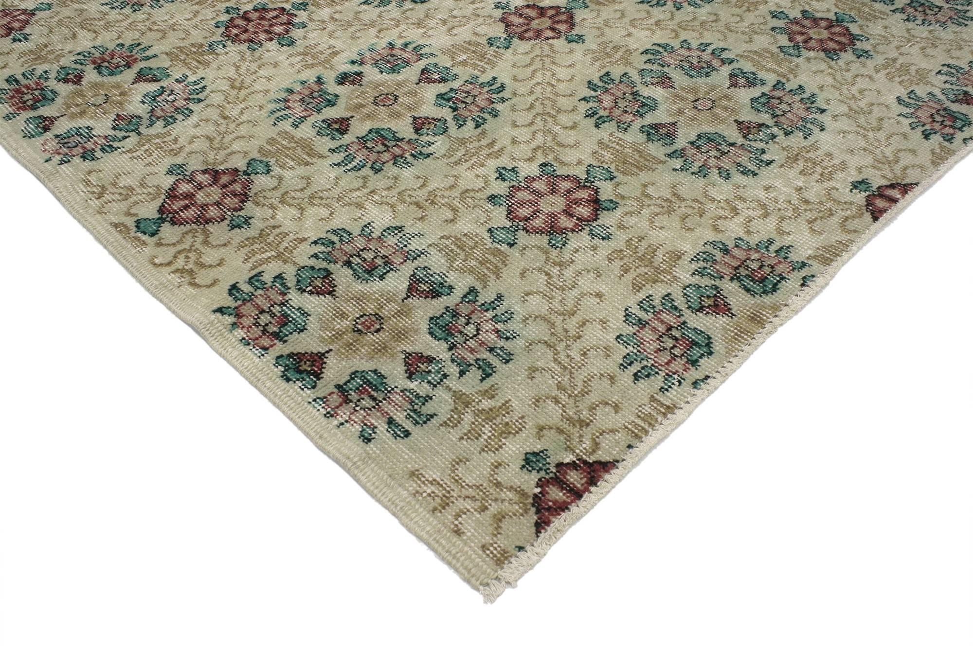51969 Distressed Turkish Sivas Rug with Shabby Chic English Country Cottage Style. With the perfect mix of romance and simplicity, this hand-knotted wool distressed vintage Turkish Sivas rug embodies a cozy English Country Cottage style. The field