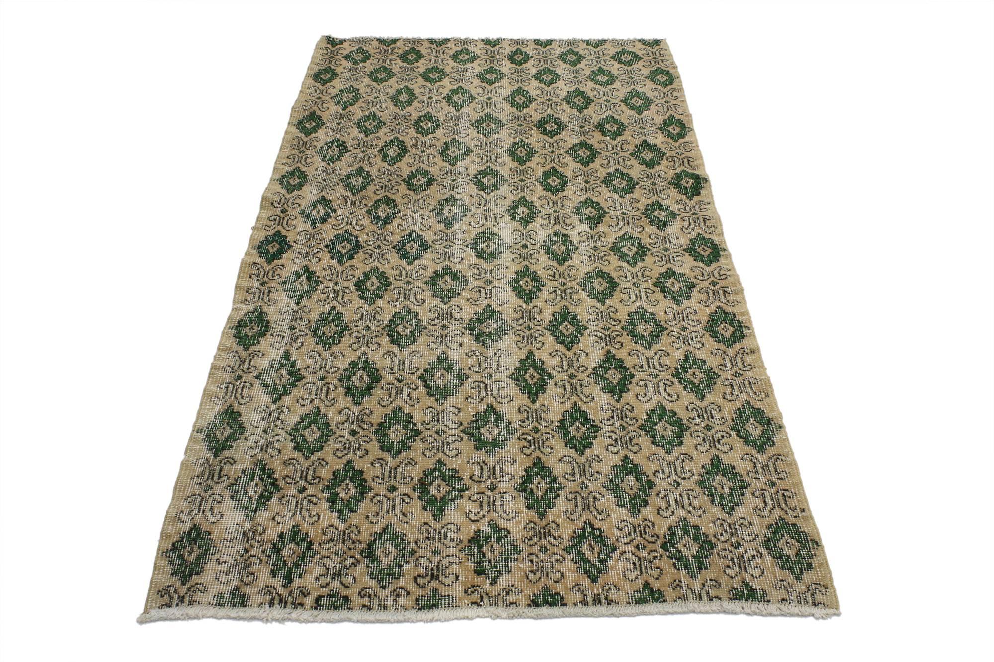 51963 Zeki Muren Distressed Vintage Turkish Sivas Rug with Rustic Cottage Style 03’03 x 06’01. ​This hand-knotted wool distressed vintage Turkish Sivas rug with rustic cottage style features an all-over geometric pattern composed of alternating rows