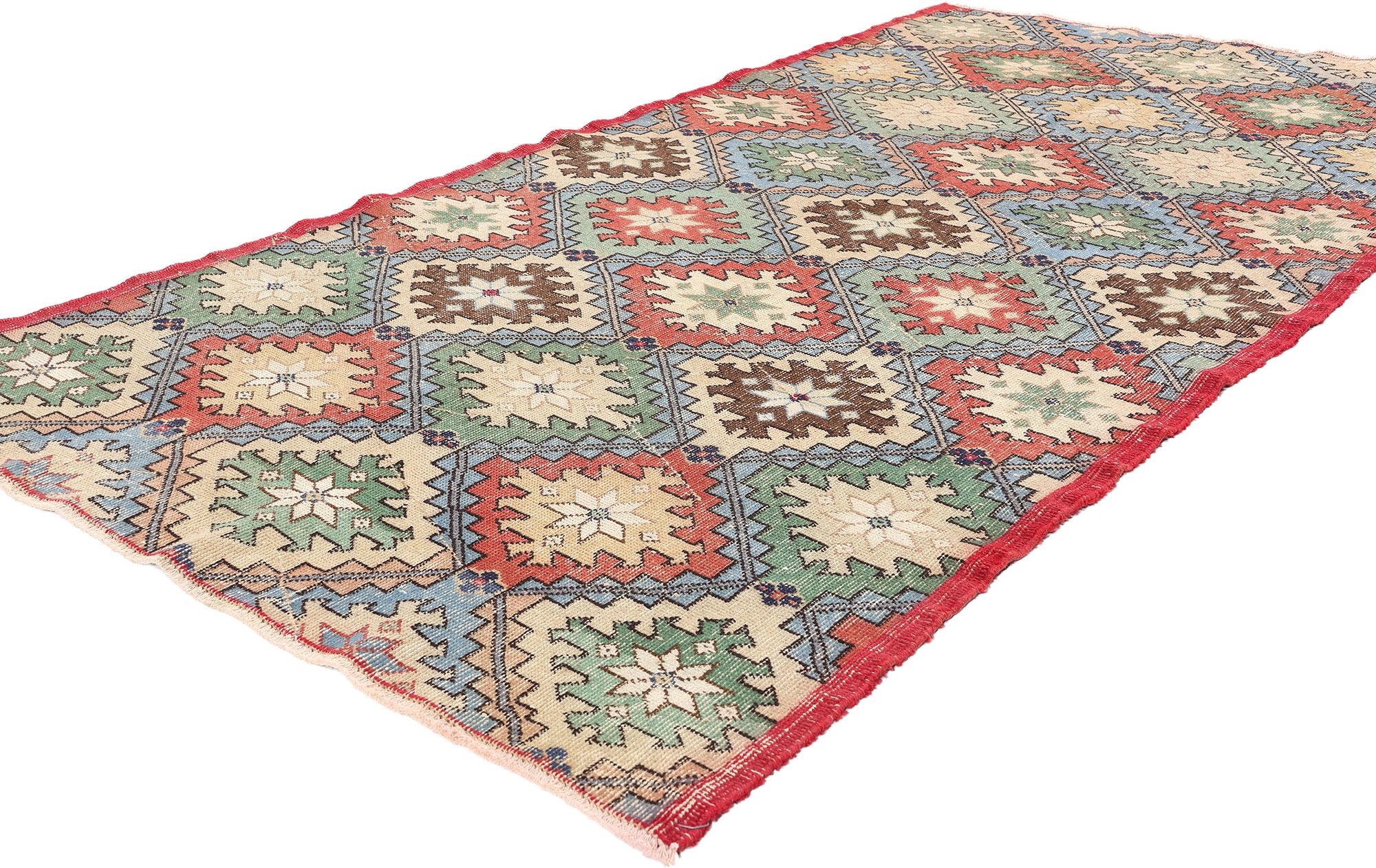 51996 Distressed Vintage Turkish Sivas Rug, 04'02 x 07'07. Originating from Sivas in central Anatolia, Turkey, distressed Turkish Sivas rugs undergo intentional aging processes such as distressing to achieve a weathered aesthetic. These Sivas rugs