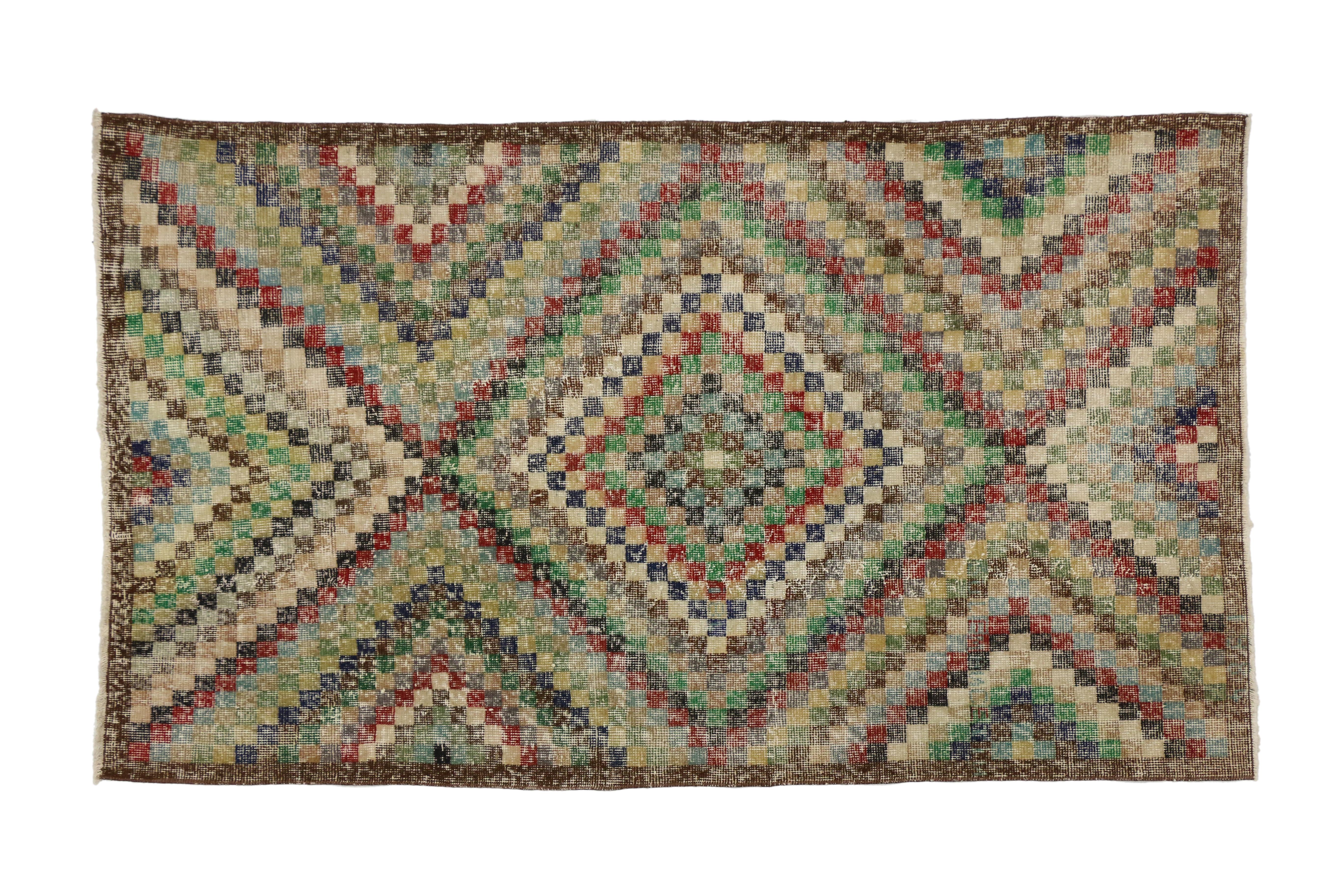 51953, distressed Sivas rug with Industrial Art Deco style, poly-chromatic checkered rug. This hand knotted wool distressed vintage Turkish Sivas rug with modern Industrial Art Deco style can make an interior space feel both comfortable and modern