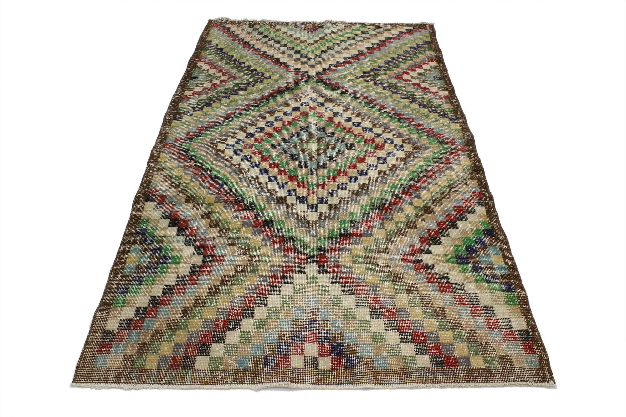 Turkish Distressed Sivas Rug with Modern Industrial Art Deco Style, Checkered Rug For Sale