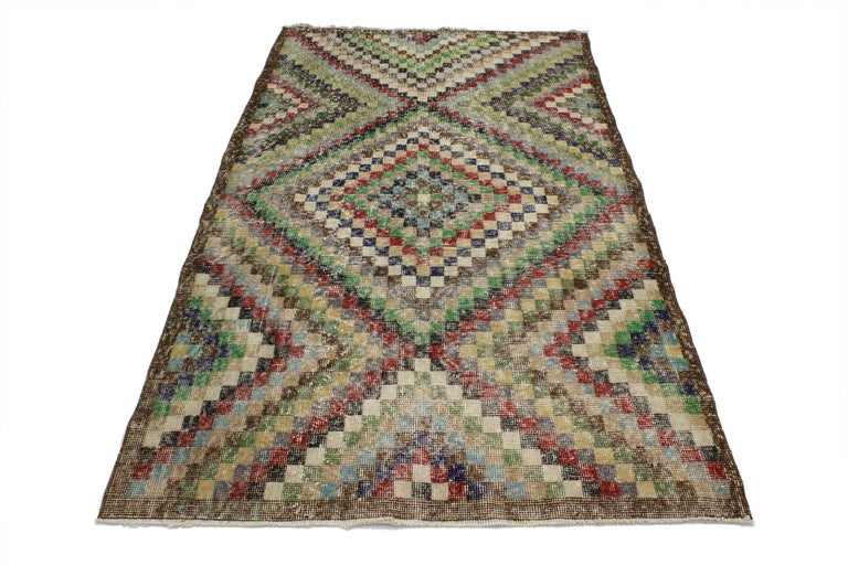 Distressed Sivas Rug with Modern Industrial Art Deco Style, Checkered ...