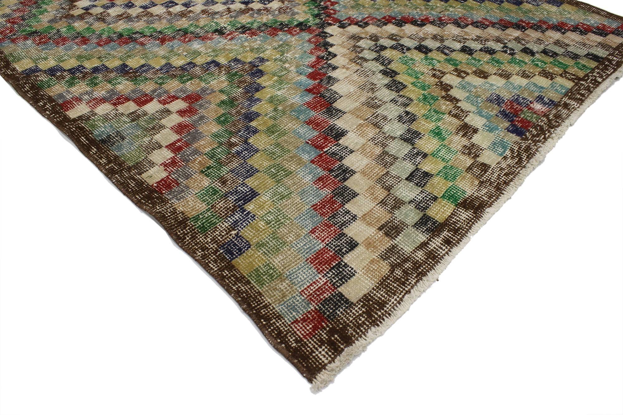 Hand-Knotted Distressed Sivas Rug with Modern Industrial Art Deco Style, Checkered Rug For Sale