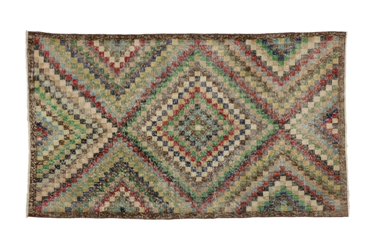 Distressed Sivas Rug with Modern Industrial Art Deco Style, Checkered ...