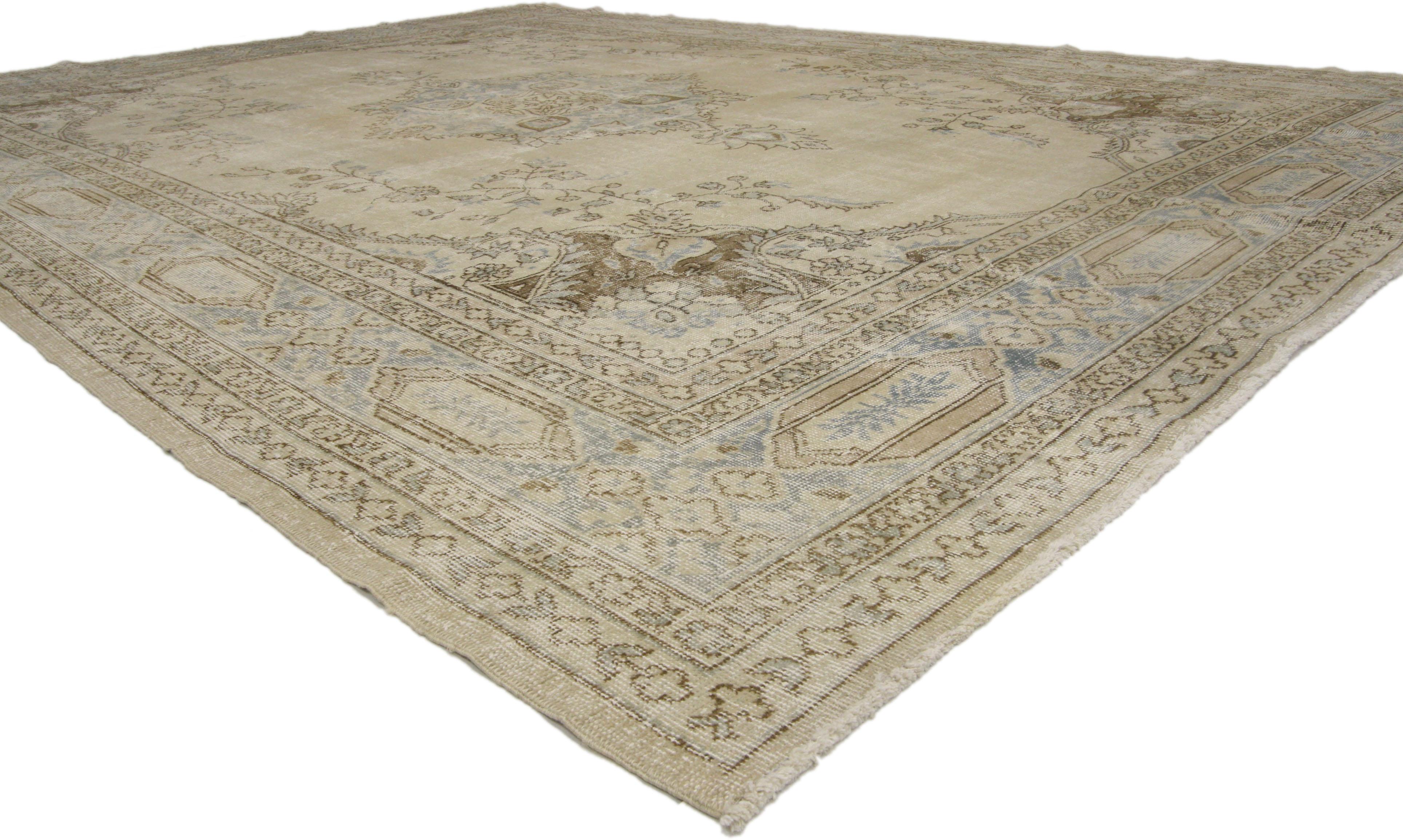 51108 Distressed Turkish Sivas Rug with Shabby Chic Farmhouse Gustavian Style 08'05 x 11'06. Lovingly timeworn with Gustavian grace, this hand knotted wool distressed Turkish Sivas rug beautifully embodies a Swedish Farmhouse style. Take center