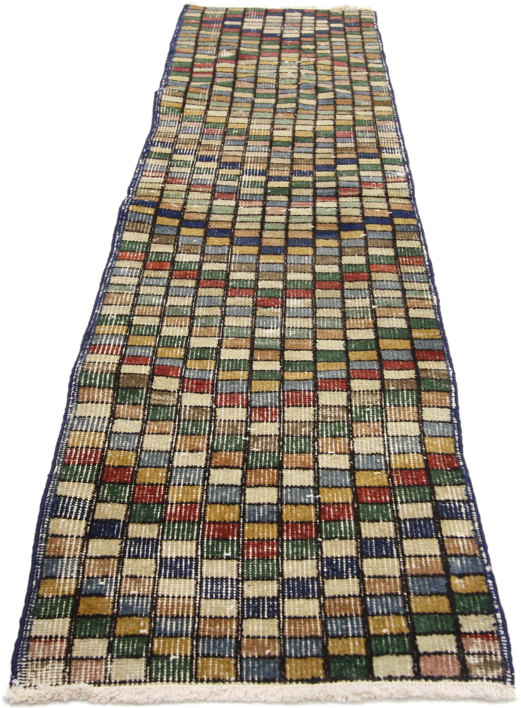 Hand-Knotted Distressed Vintage Turkish Sivas Runner with Industrial Art Deco & Cubism Style