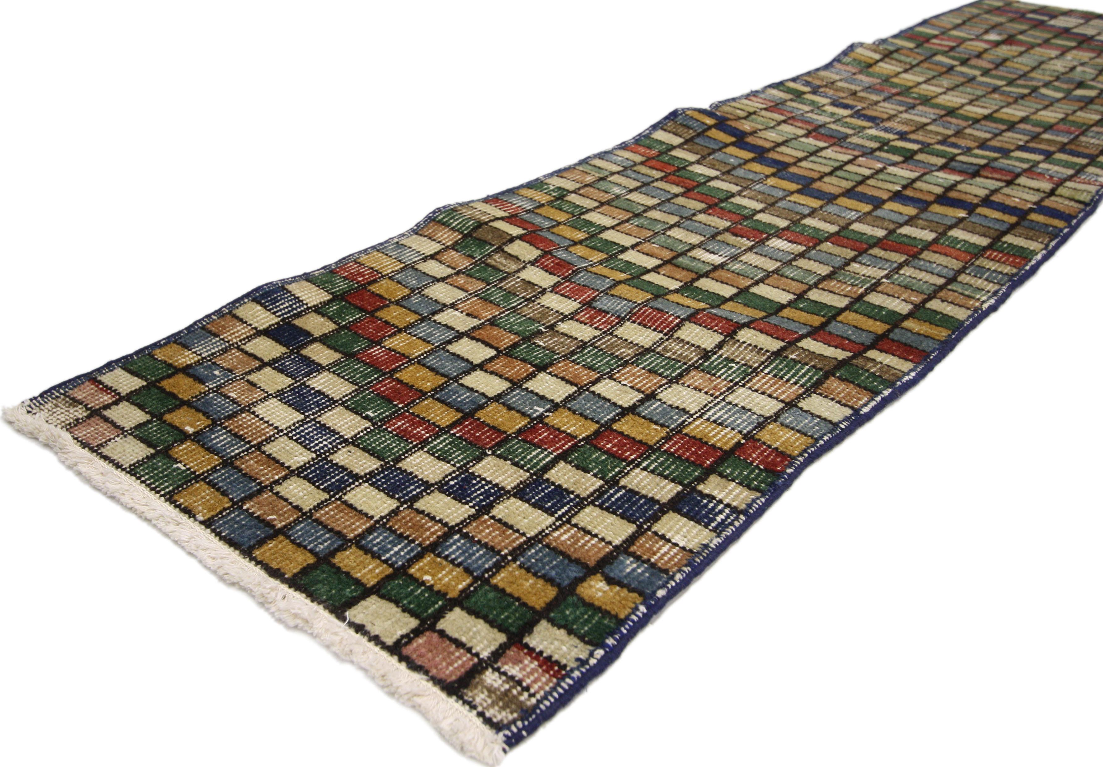 51225 Zeki Muren Distressed Vintage Turkish Sivas Runner with Cubism and Industrial Art Deco Style 01'08 X 06'04. Warm and inviting combined with a bold pattern, this hand knotted wool distressed vintage Turkish Sivas runner embodies bold Art Deco