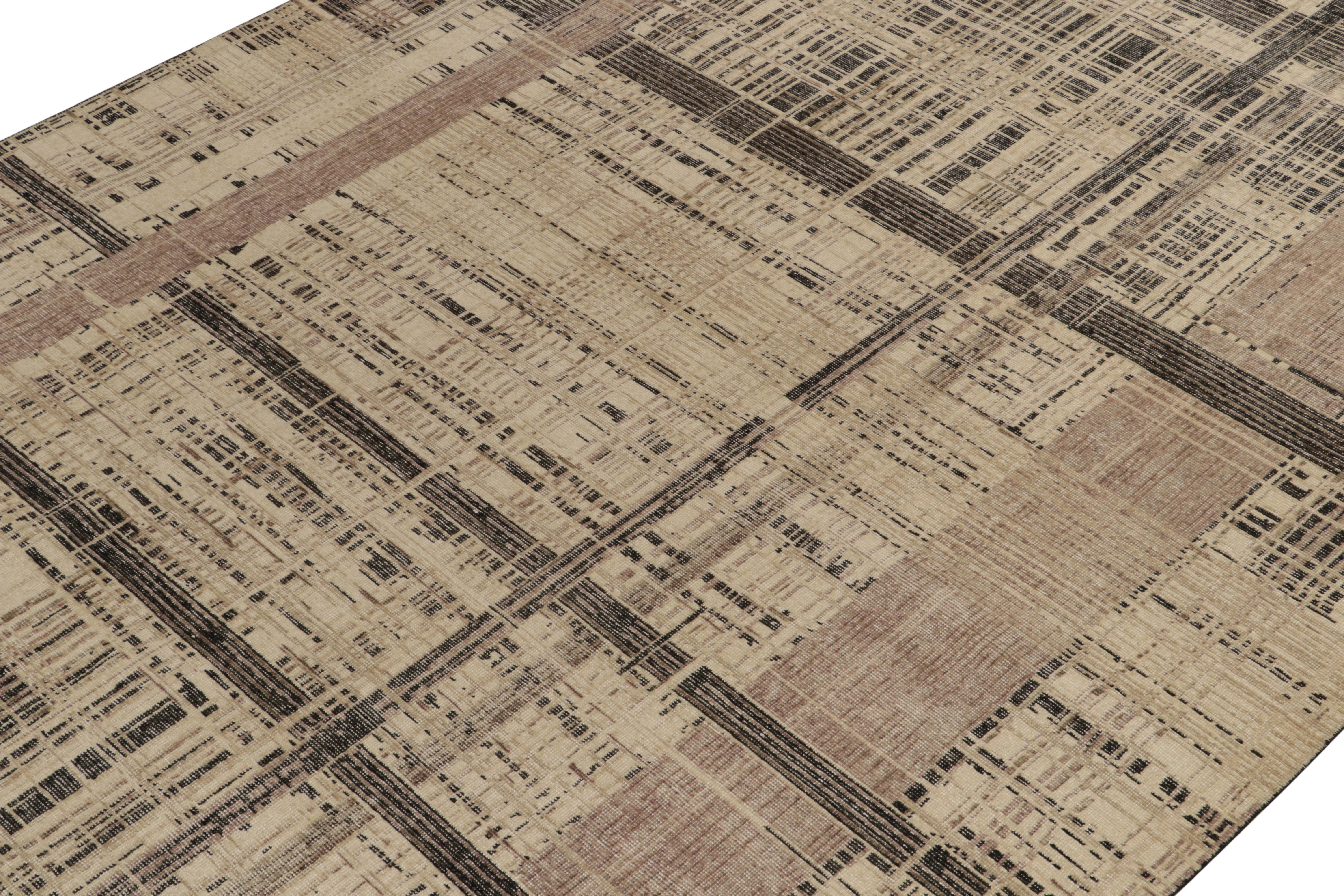 Indian Rug & Kilim's Distressed Style Abstract Rug in Beige, Brown, Black Striations For Sale