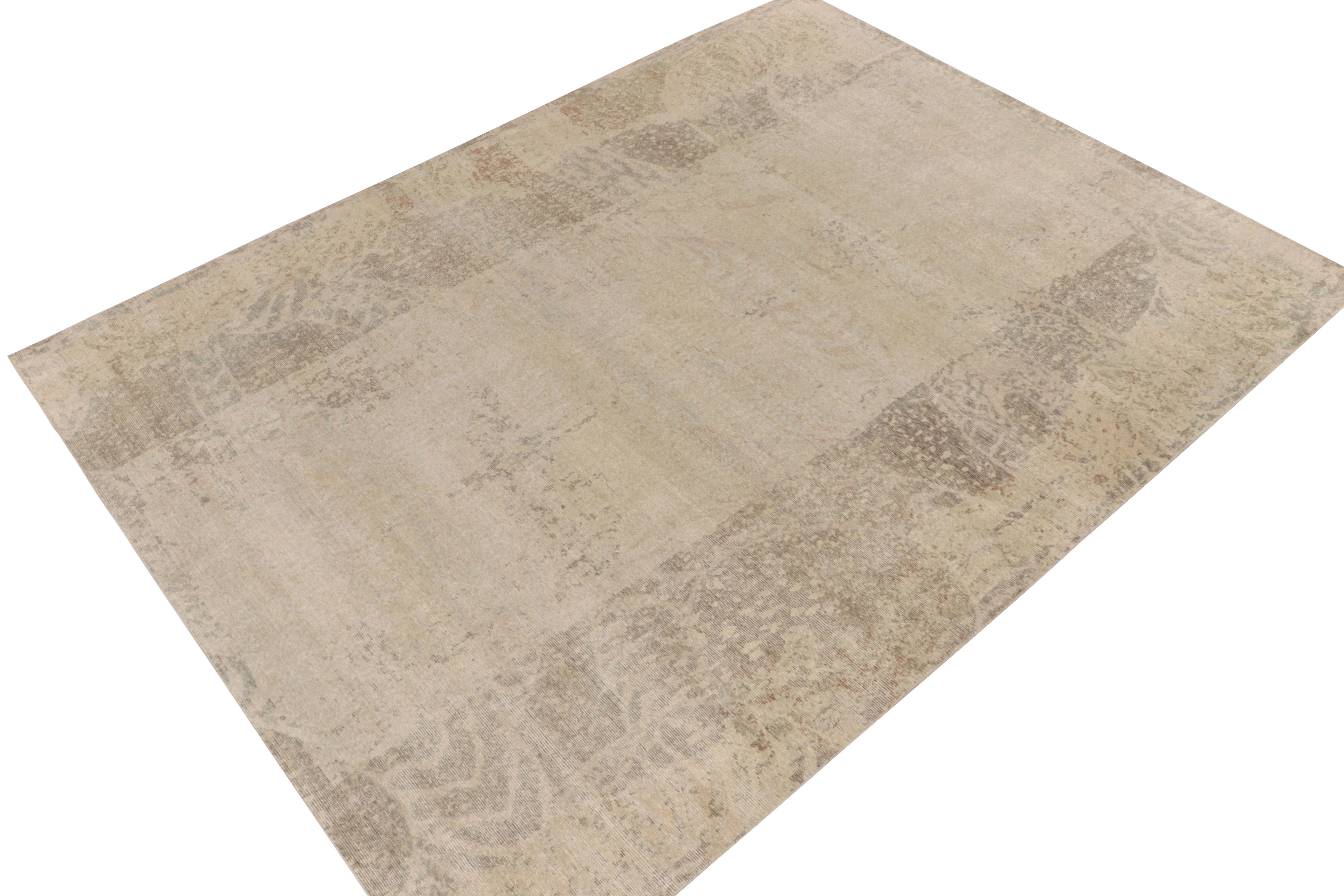 From Rug & Kilim’s Homage collection, a 9x12 distressed style abstract rug relishing a forgiving play of beige-brown and gray for a comfortable allure. Inspired by abstraction of animal skin rugs, the vision enjoys subtlety of color playing