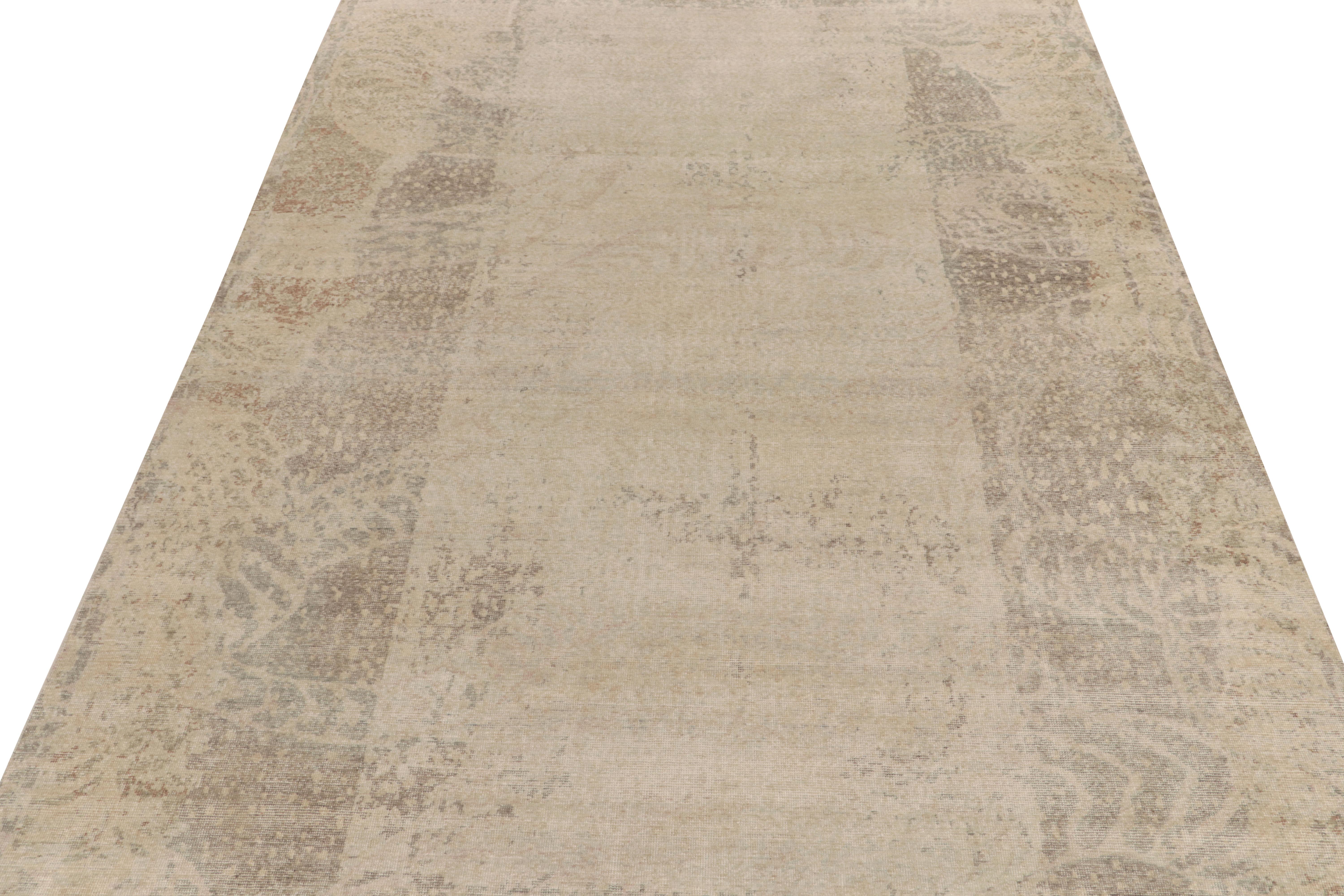 Modern Distressed style Abstract rug in Beige-Brown & Gray pattern by Rug & Kilim  For Sale