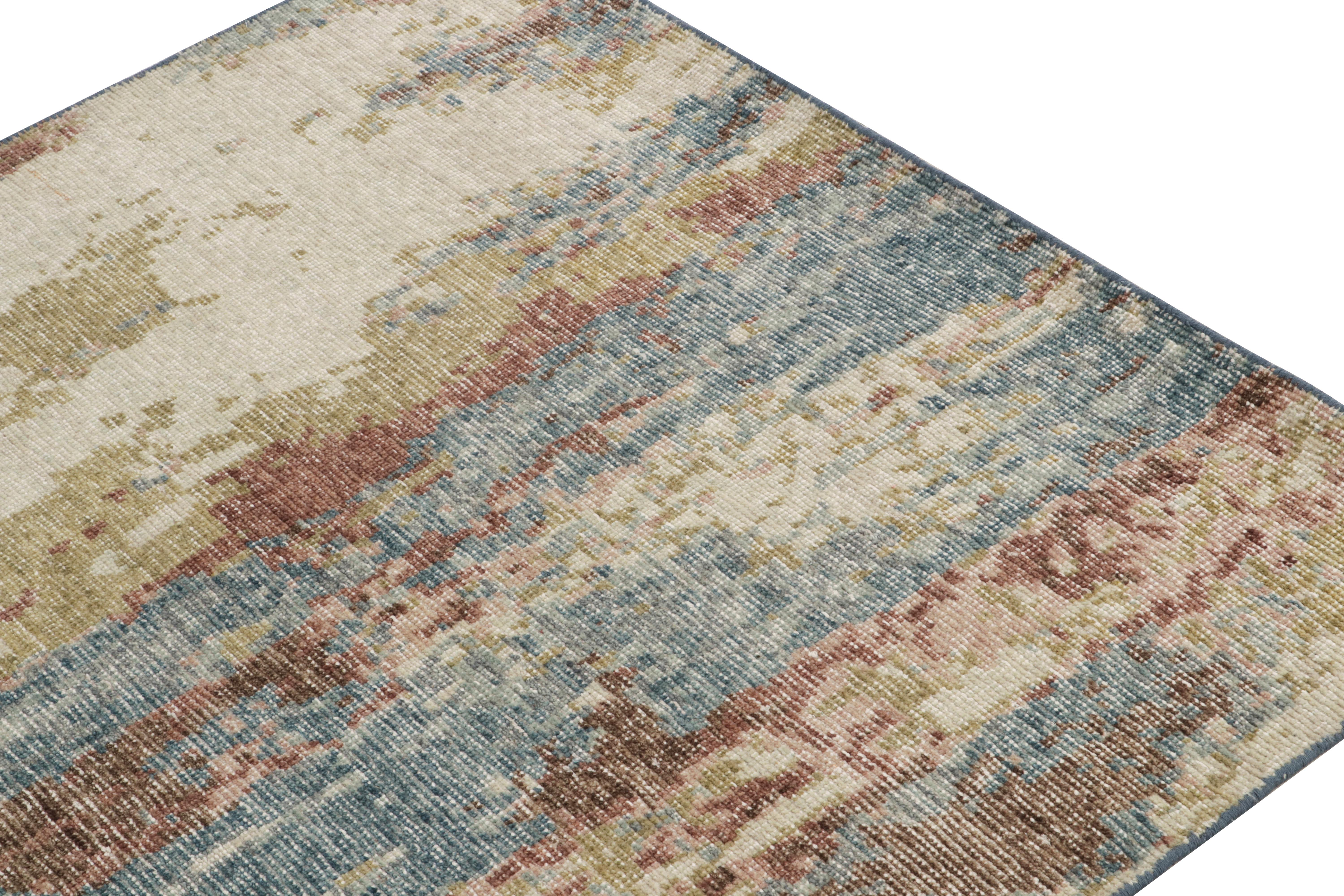 Indian Rug & Kilim's Distressed Style Abstract Rug in White, Blue, Beige-Brown Pattern For Sale