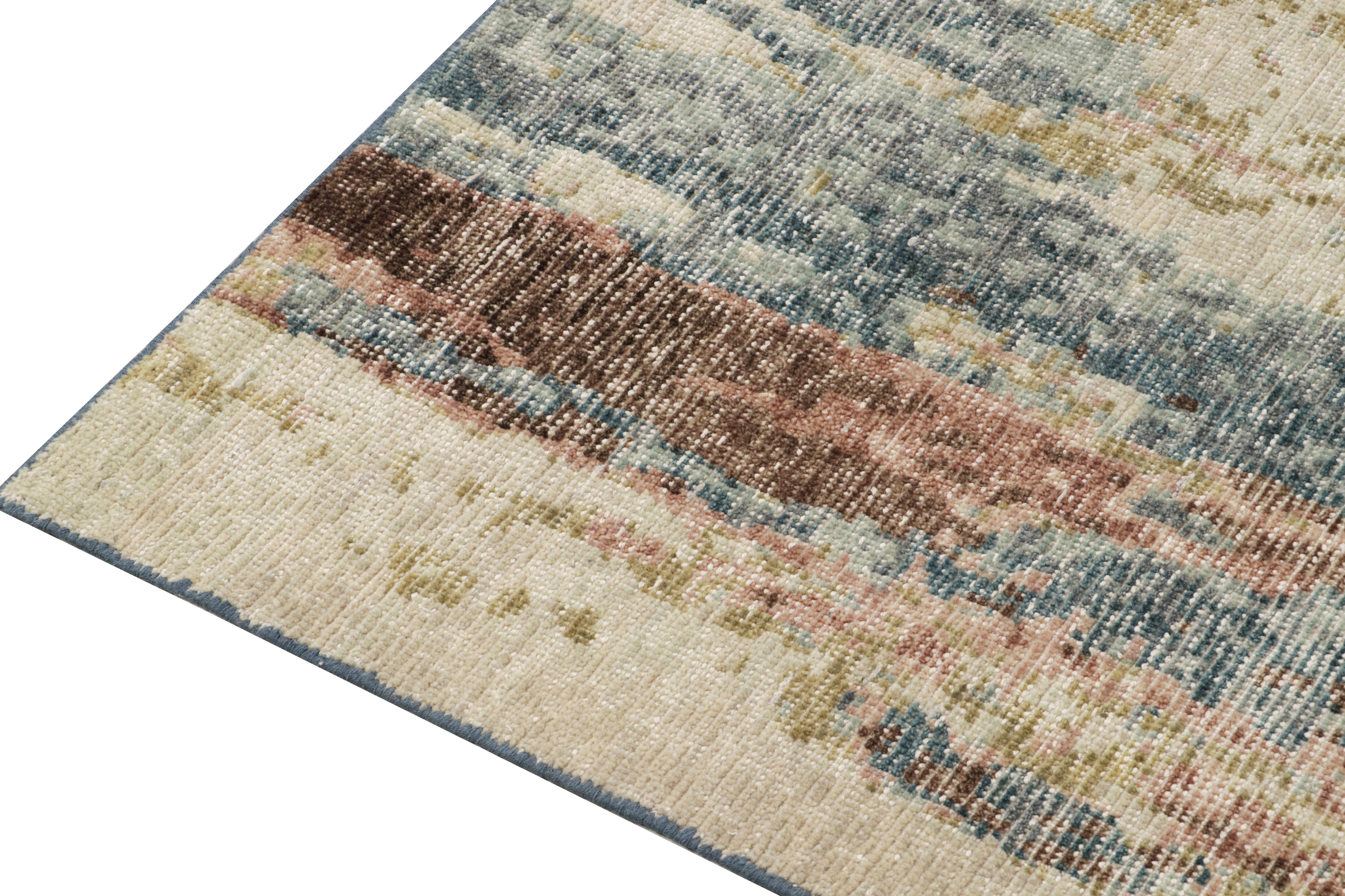 Hand-Knotted Rug & Kilim's Distressed Style Abstract Rug in White, Blue, Beige-Brown Pattern For Sale