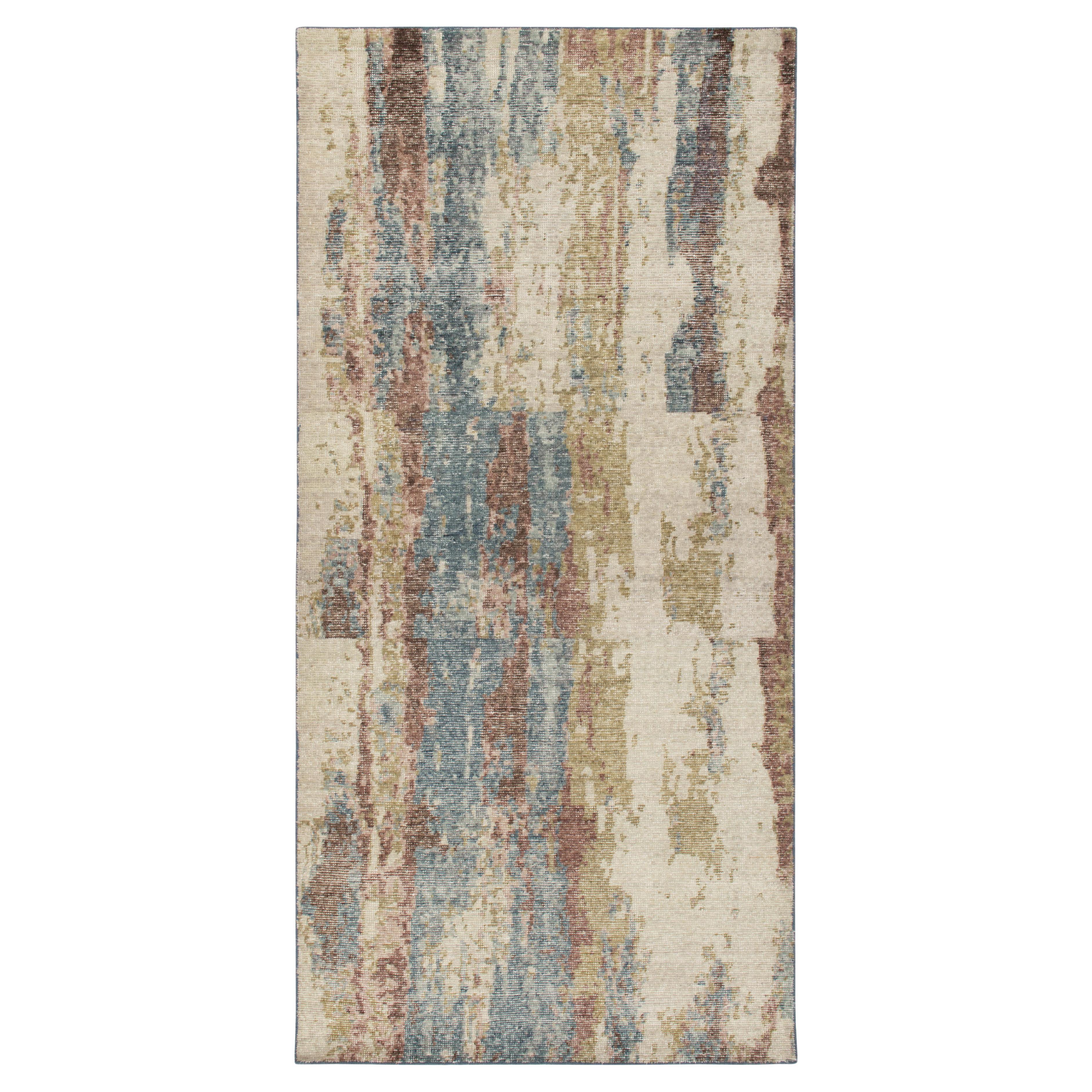 Rug & Kilim's Distressed Style Abstract Rug in White, Blue, Beige-Brown Pattern For Sale