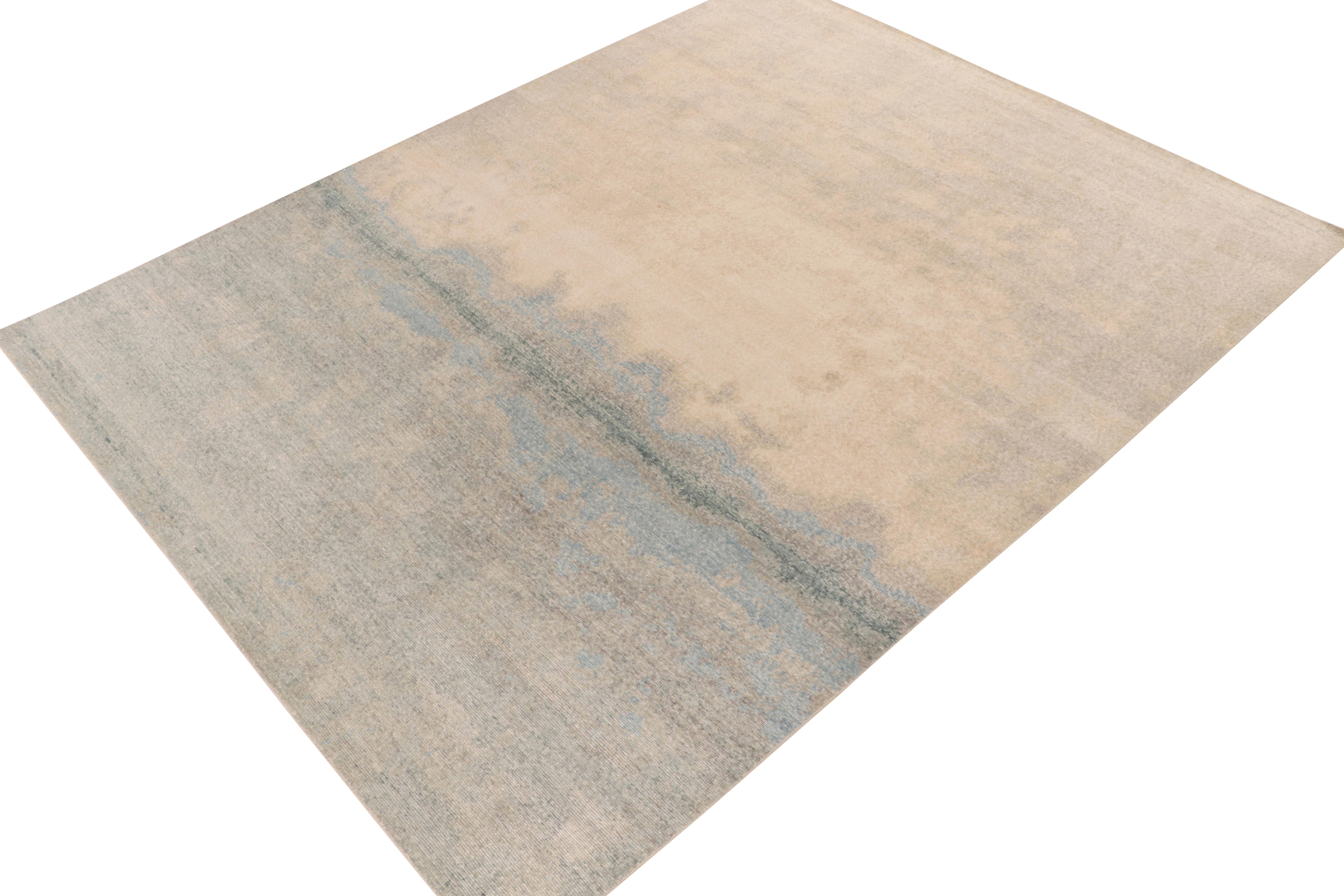 Modern Rug & Kilim's Distressed Style Custom Abstract Rug in Gray, Blue & Beige For Sale