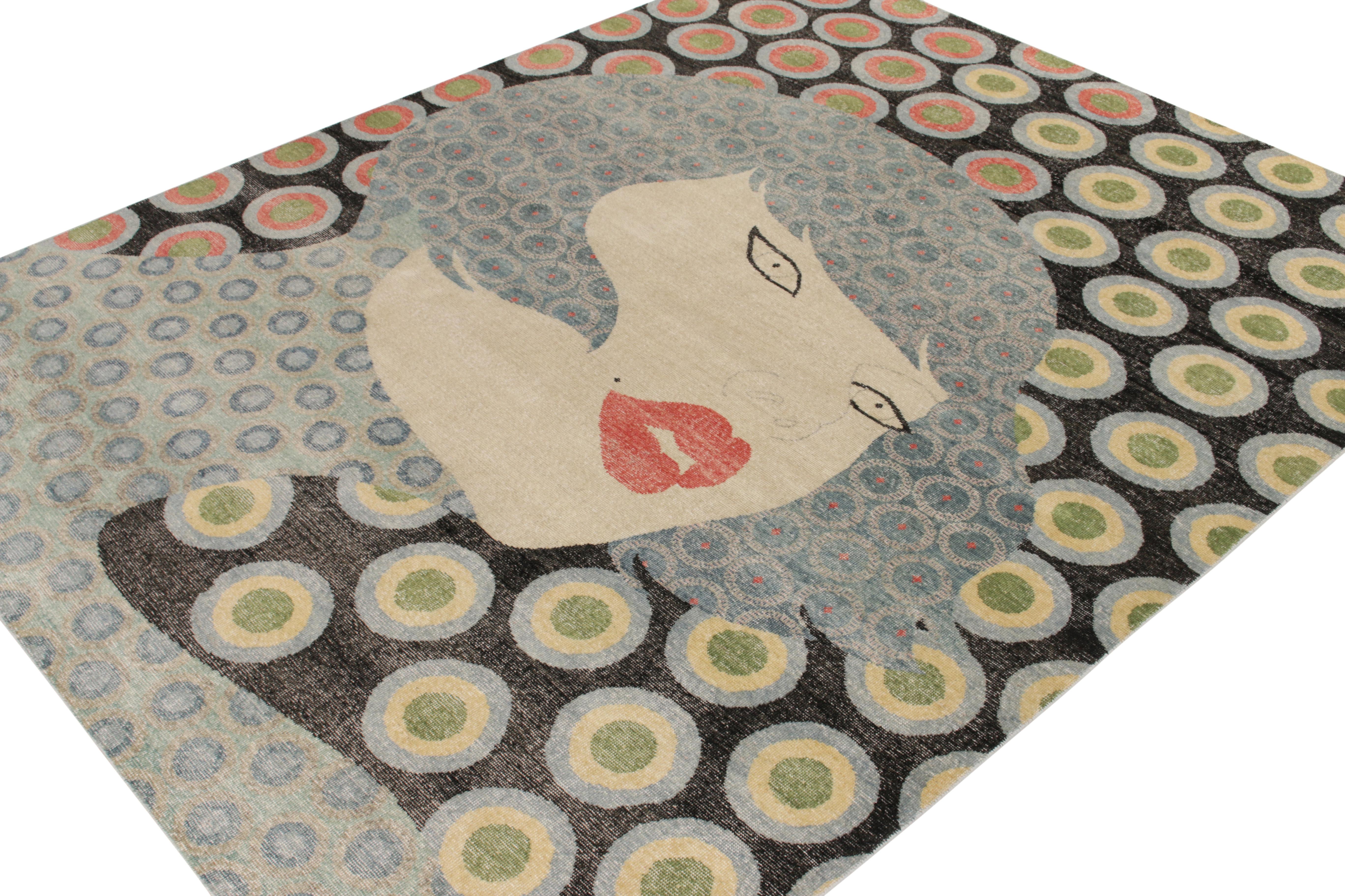 Alfombra pictórica personalizada estilo envejecido de Rug & Kilim, azul, diseño de perfil negro Indio en venta