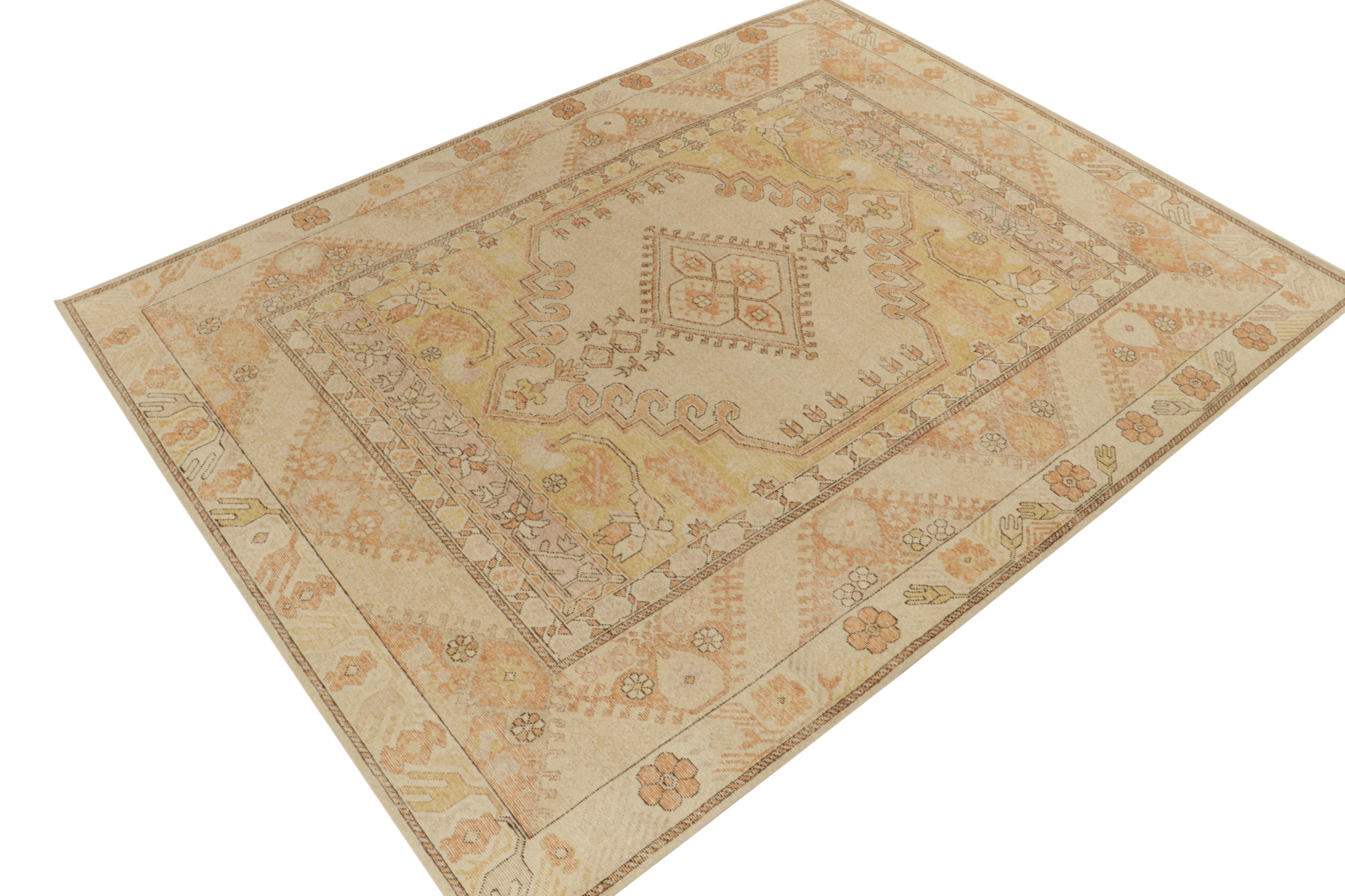 Hand-knotted in wool, a distressed style custom rug design available from our Homage selections. The modern rendering draws a twist on classic tribal aesthetics with geometric patterns in forgiving beige, gold & orange further exemplifying the