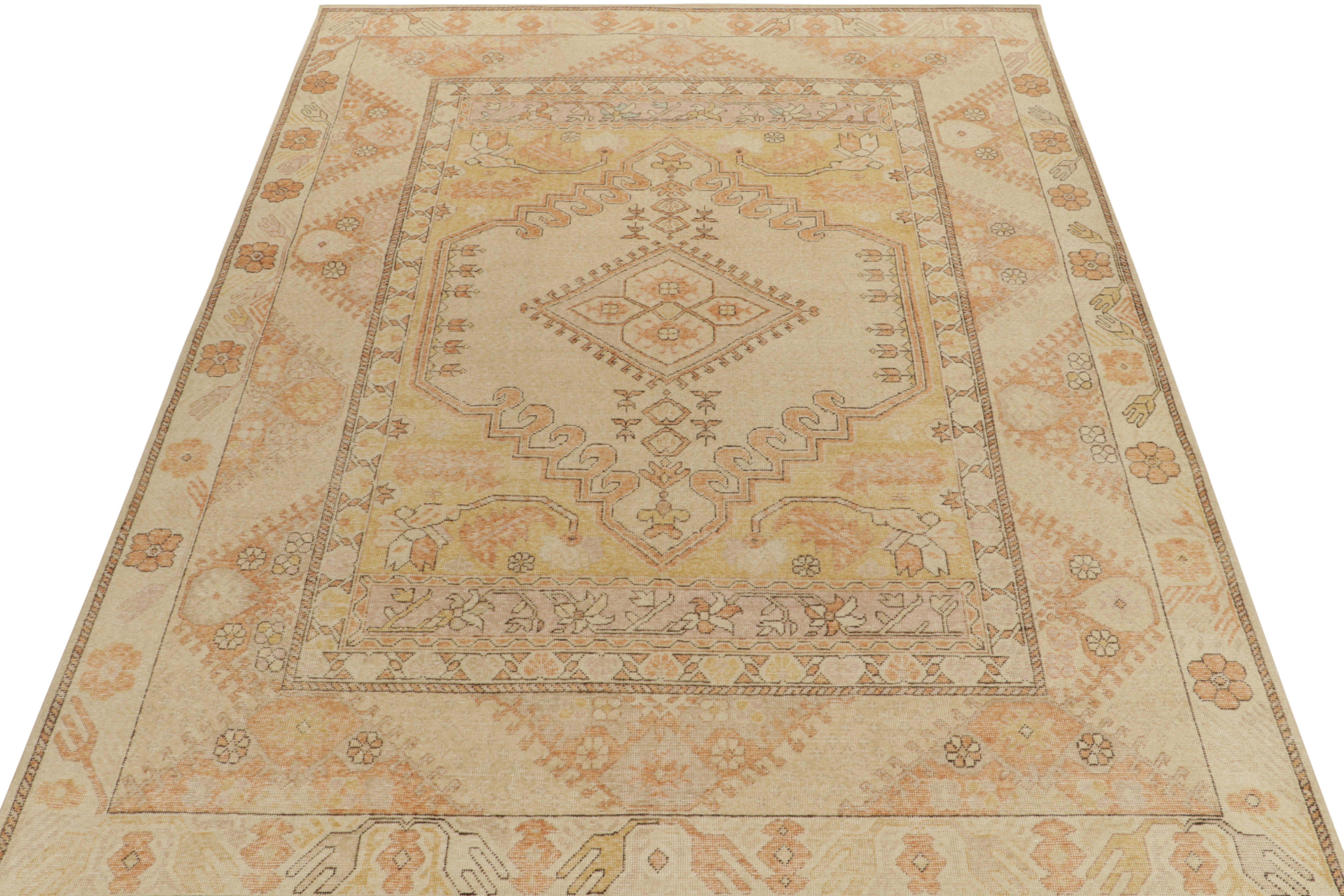 Oushak Distressed style custom rug in Gold, Medallion pattern by Rug & Kilim For Sale