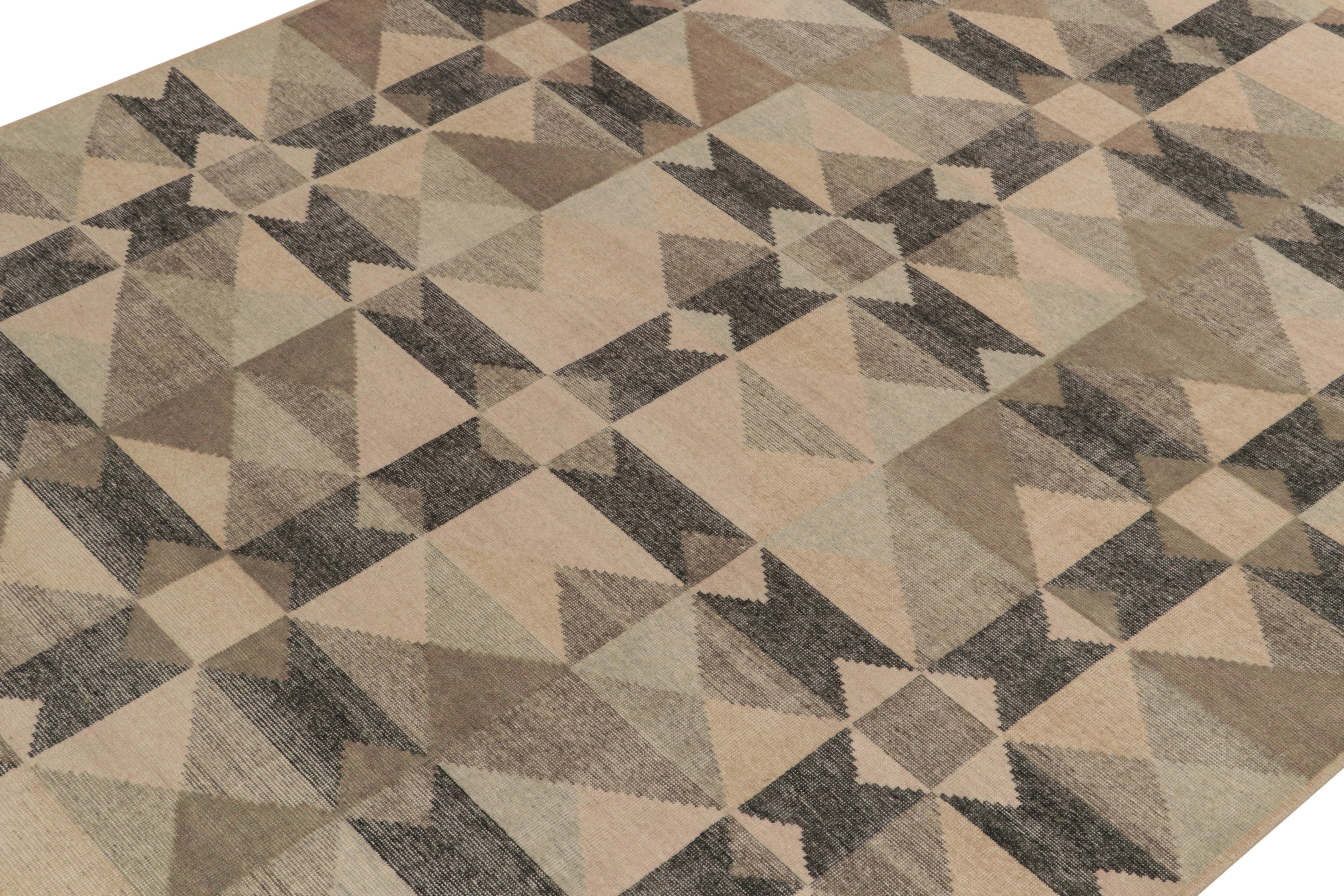 Indian Rug & Kilim's Distressed Style Deco Rug in Beige-Brown, Black Geometric Pattern For Sale