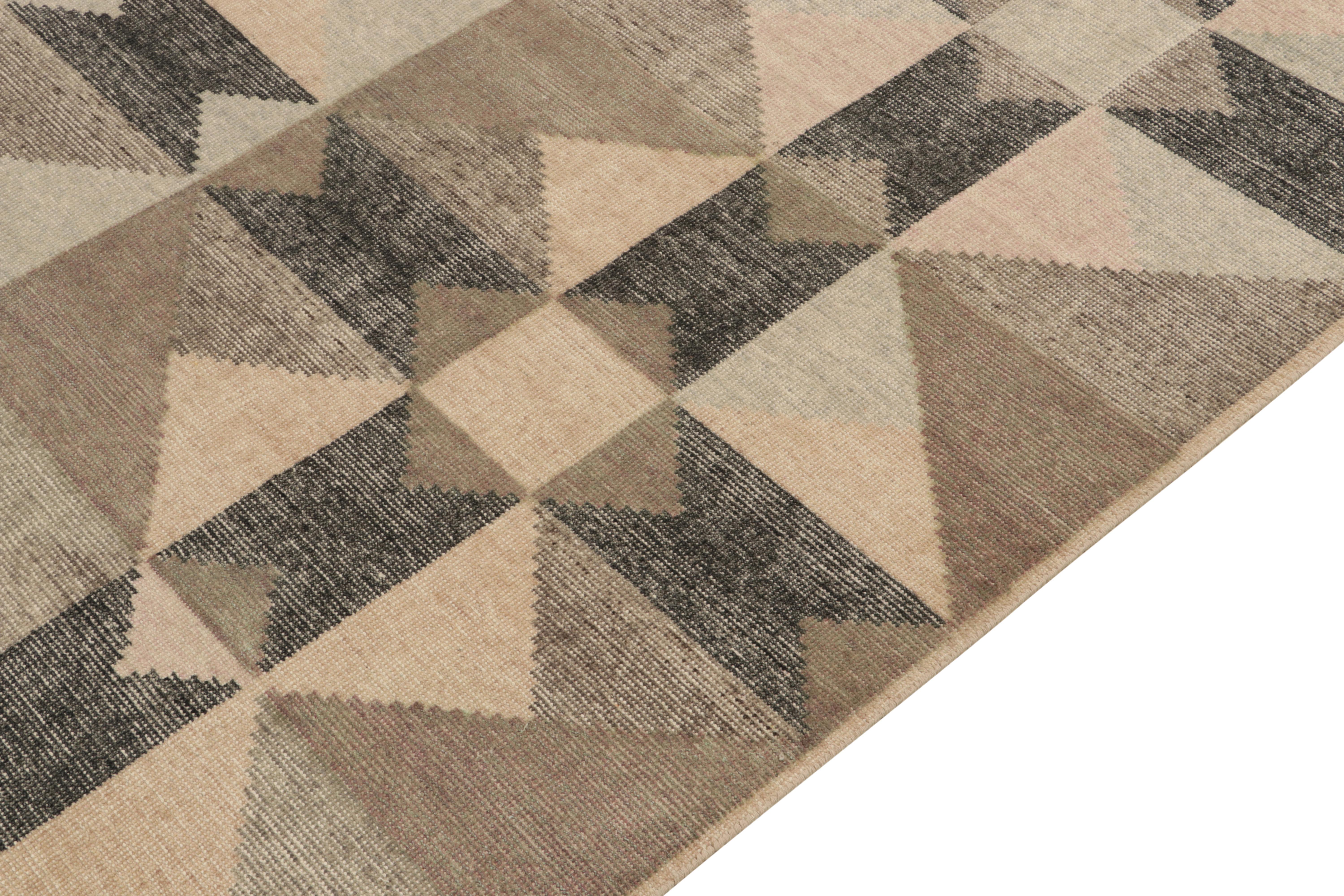 Hand-Knotted Rug & Kilim's Distressed Style Deco Rug in Beige-Brown, Black Geometric Pattern For Sale