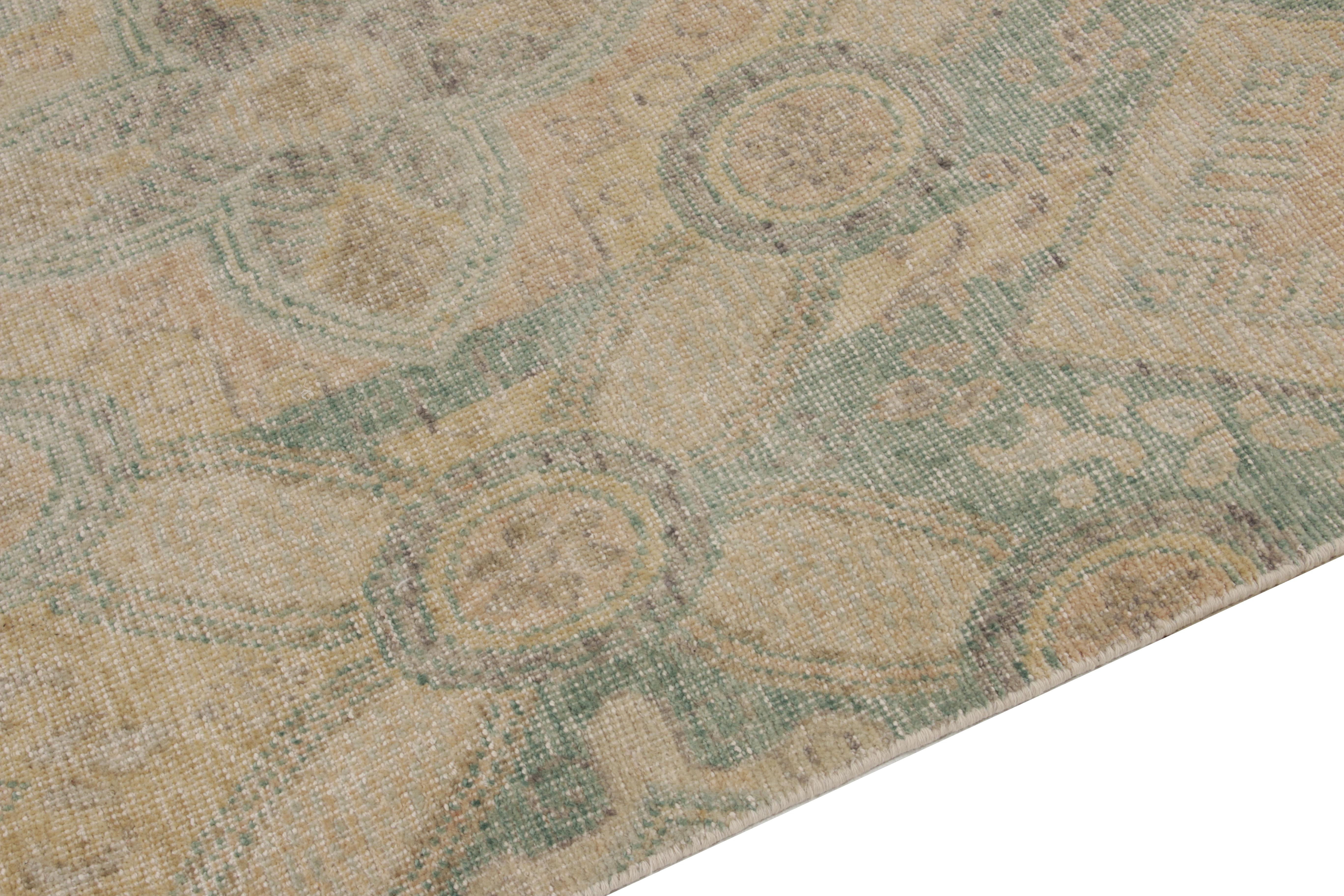 Hand-Knotted Distressed Style Deco Rug in Blue, Green & Beige Florals by Rug & Kilim For Sale