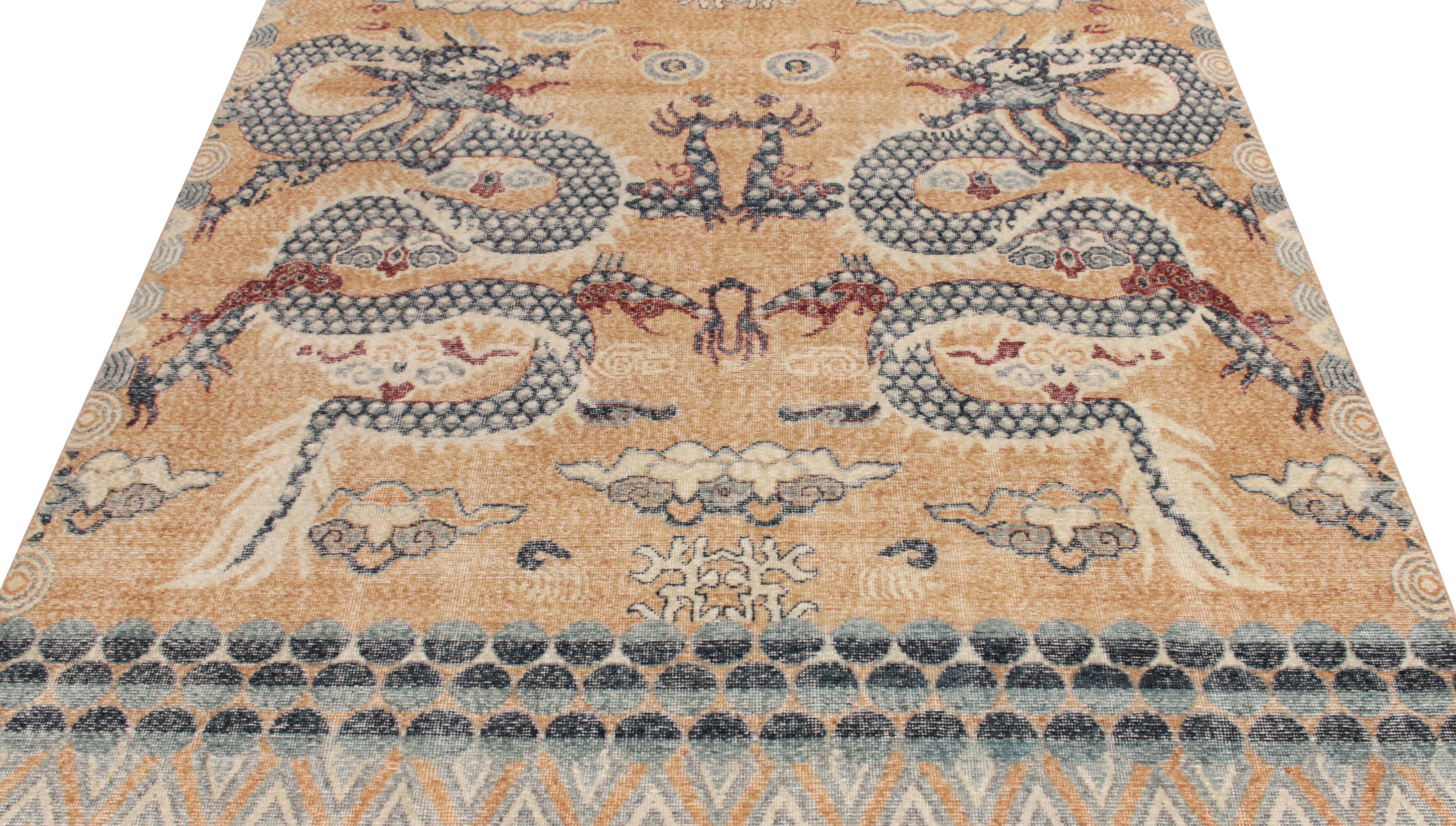 Drawing inspiration from iconic 19th century Chinese & Tibetan dragon rugs, we present an 8x10 vision from our Homage Collection embracing dragon imagery with cloudband motifs honoring rich historical significance. This particular nod to the folk