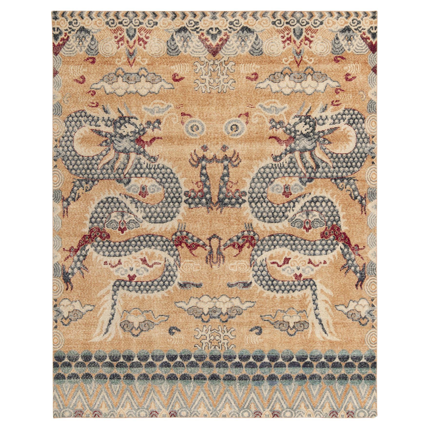 Rug & Kilim's Distressed Style Dragon Rug in Blue, Gold Red, Pictorial For Sale