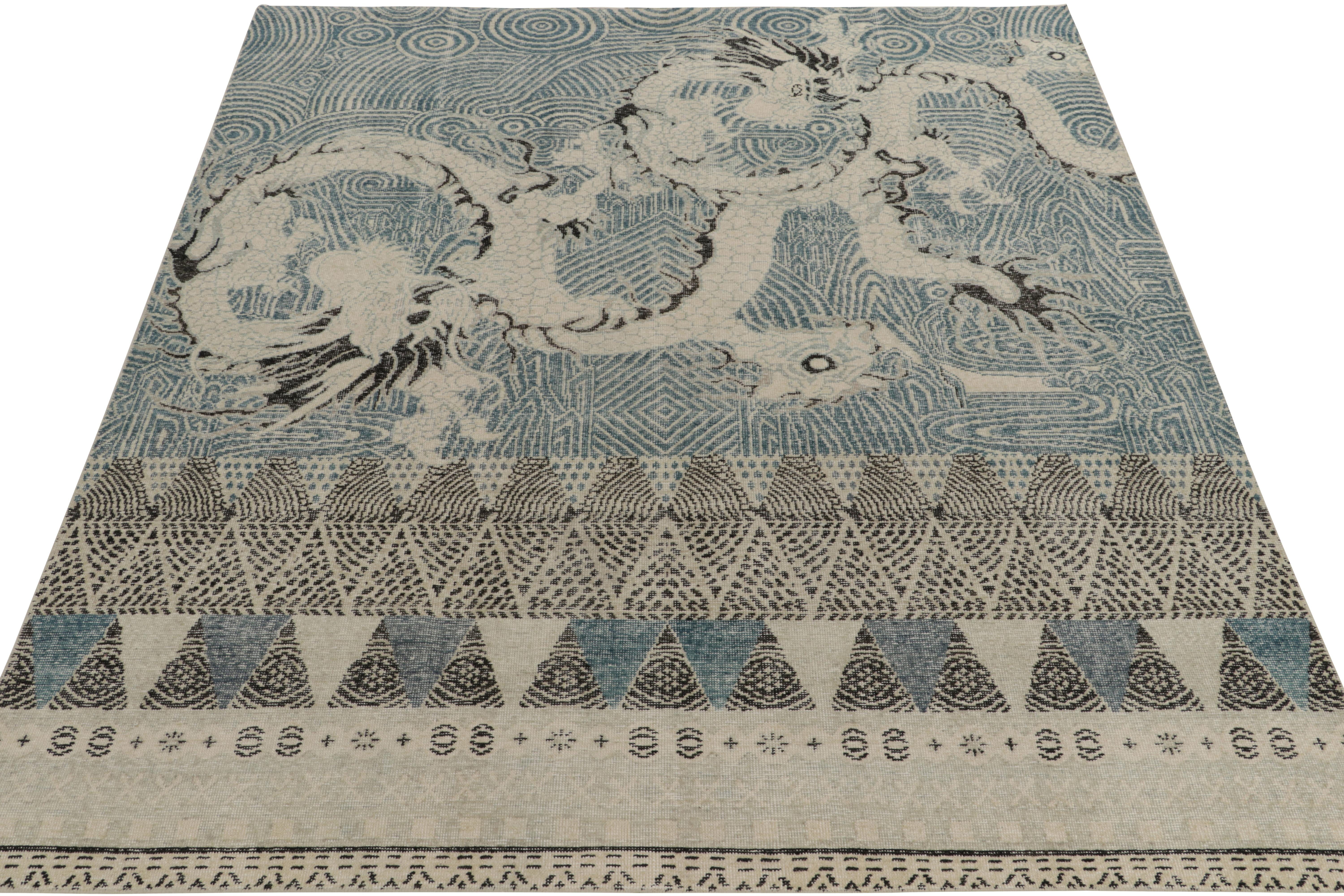 Indian Rug & Kilim's Distressed Style Dragon Rug in Blue, Gray & Black Pictorials For Sale