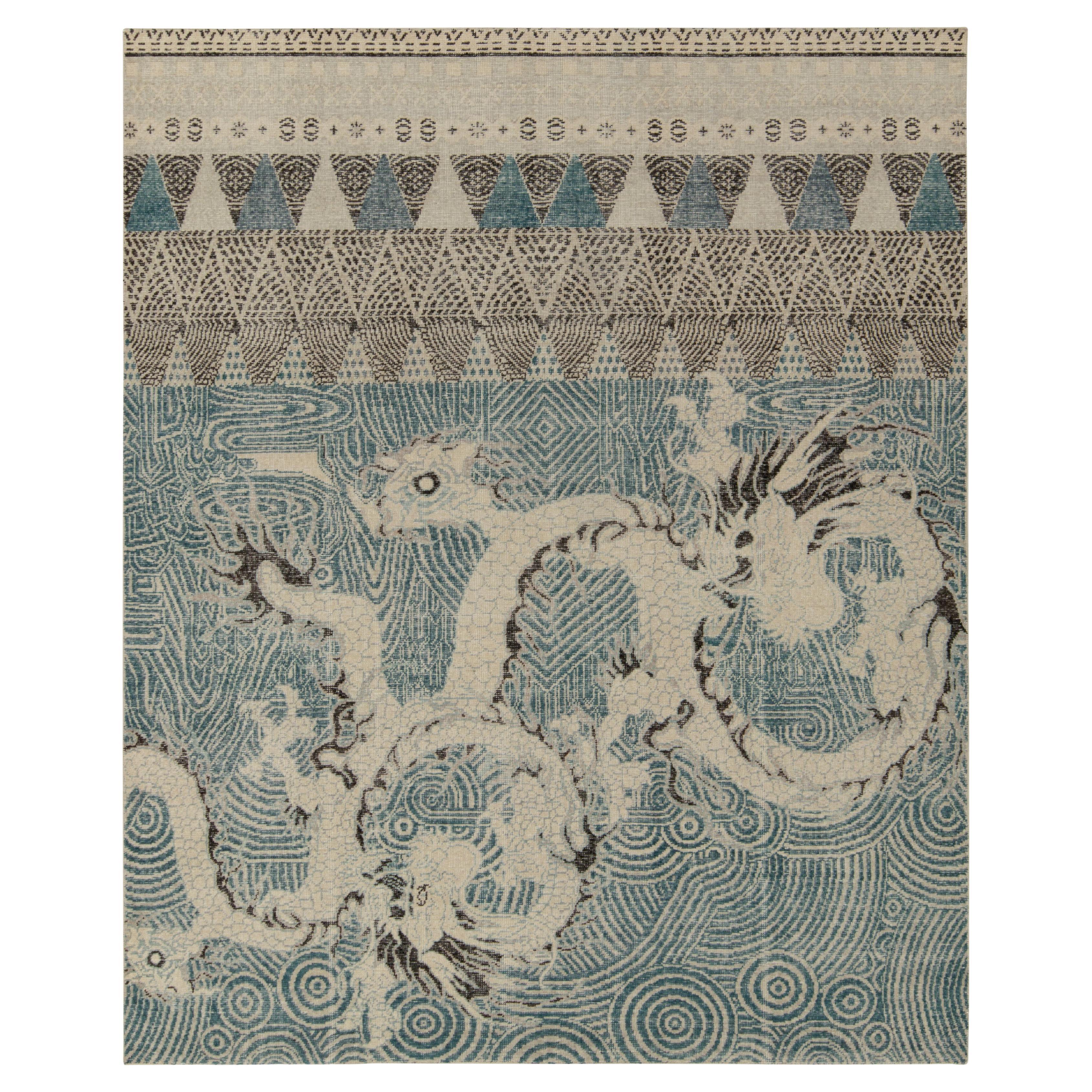 Tapis et tapis Kilim à motif dragon en bleu, gris et noir, style vieilli